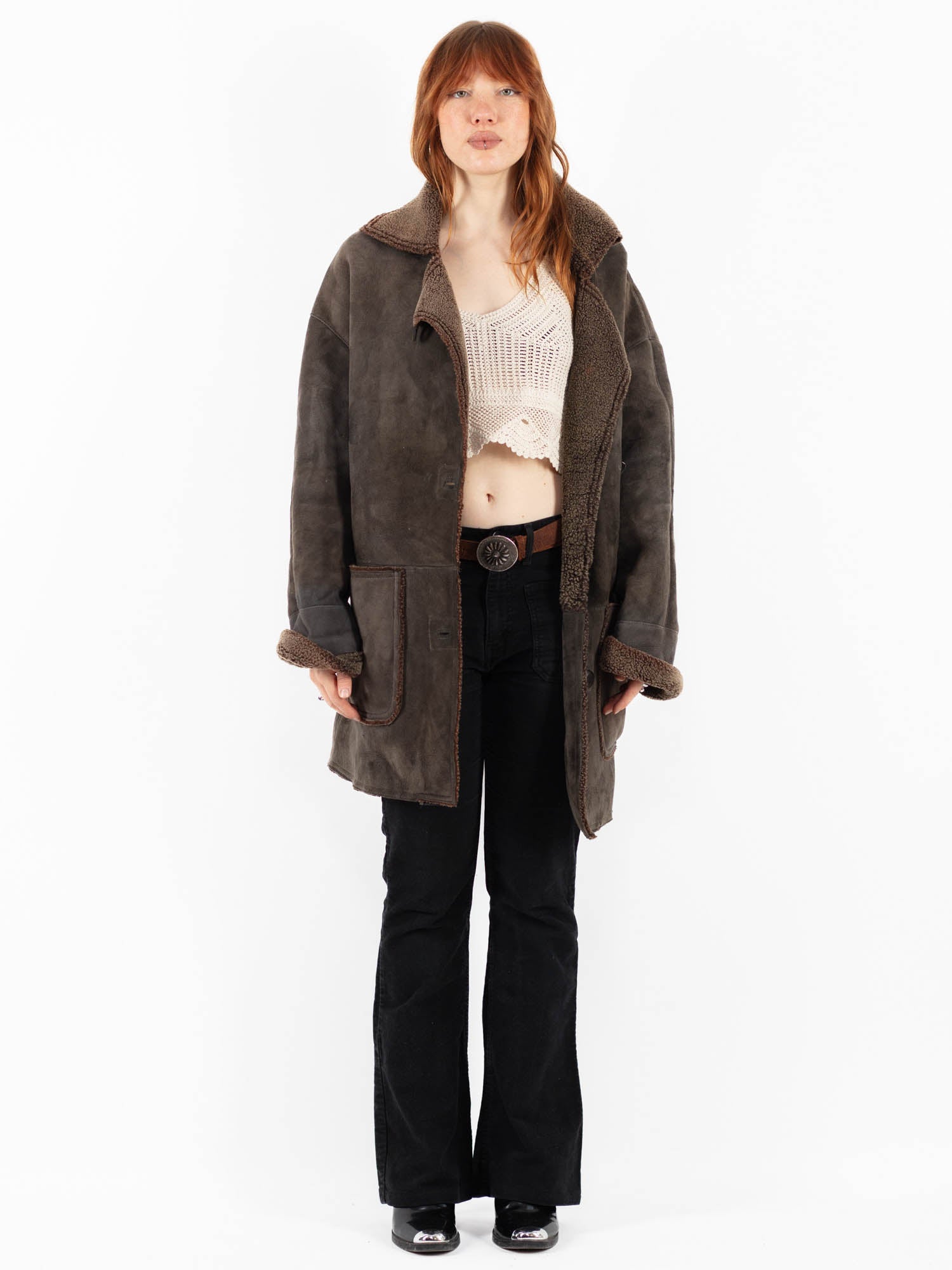 Vintage 90's Women Sheepskin Coat in Gray Brown by Northern Grip