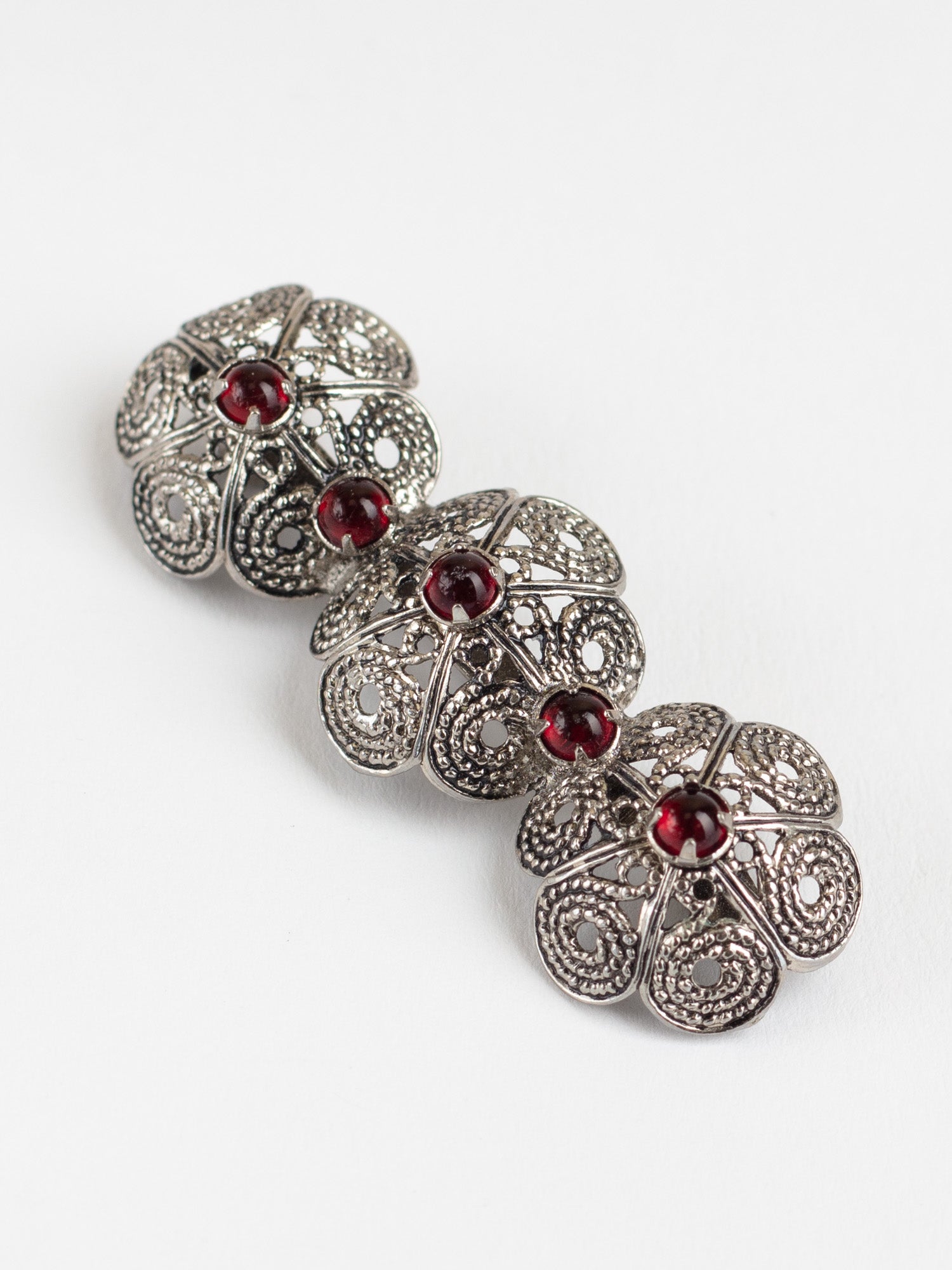 Vintage Filigree Flower Brooch with Red Cabochons in Silver-Tone Metal by Northern Grip