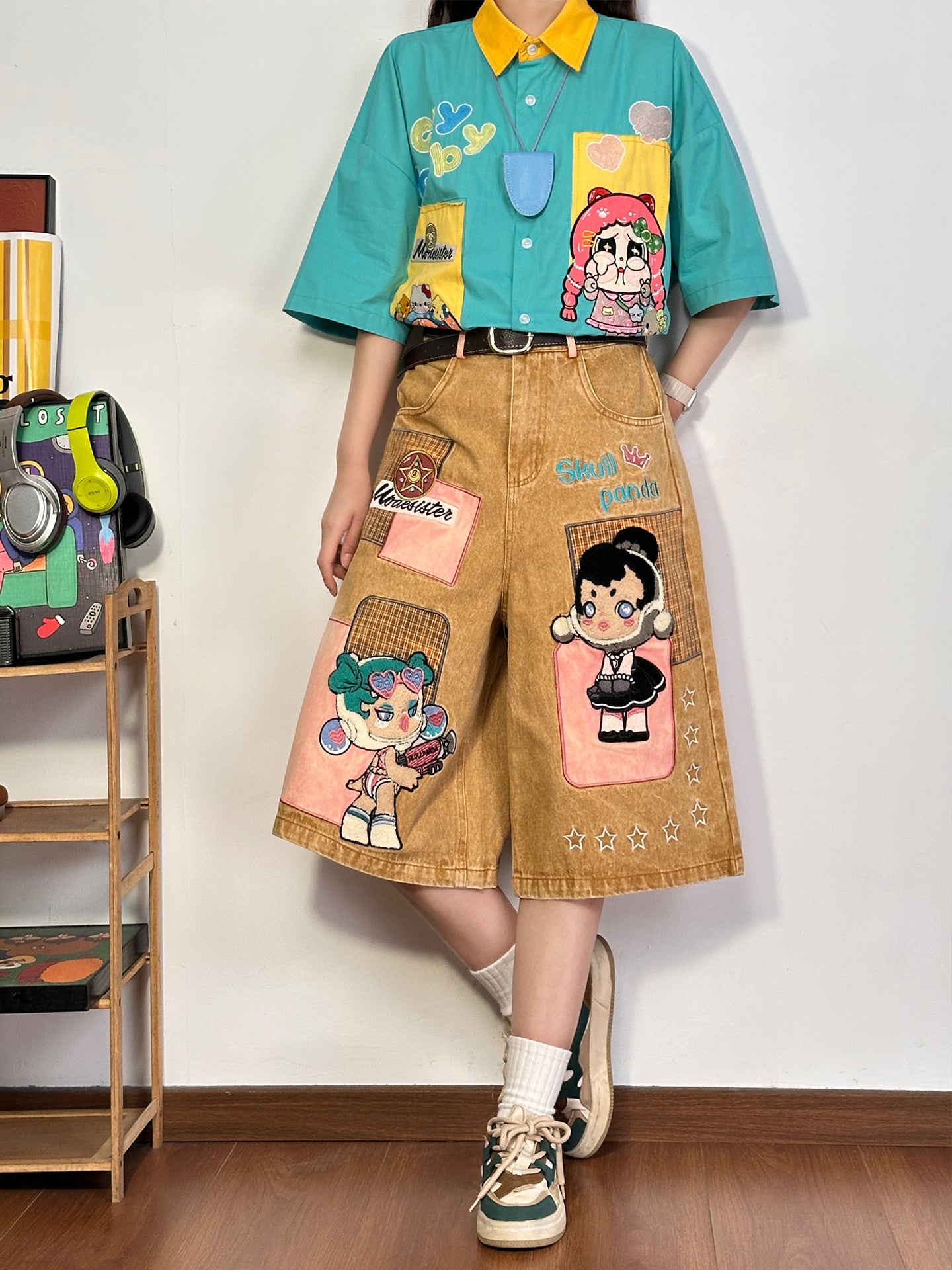 Khaki Cartoon Applique Capri Pants Y2K Kawaii by Land Decora