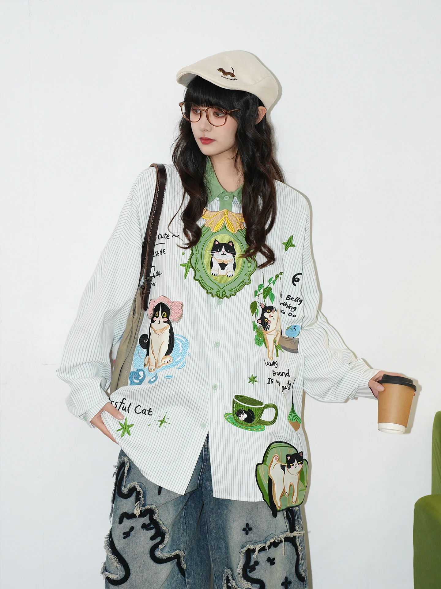 Cartoon Cat Tie Embroidered Stripe Shirt - Kawaii Harajuku Style by Land Decora
