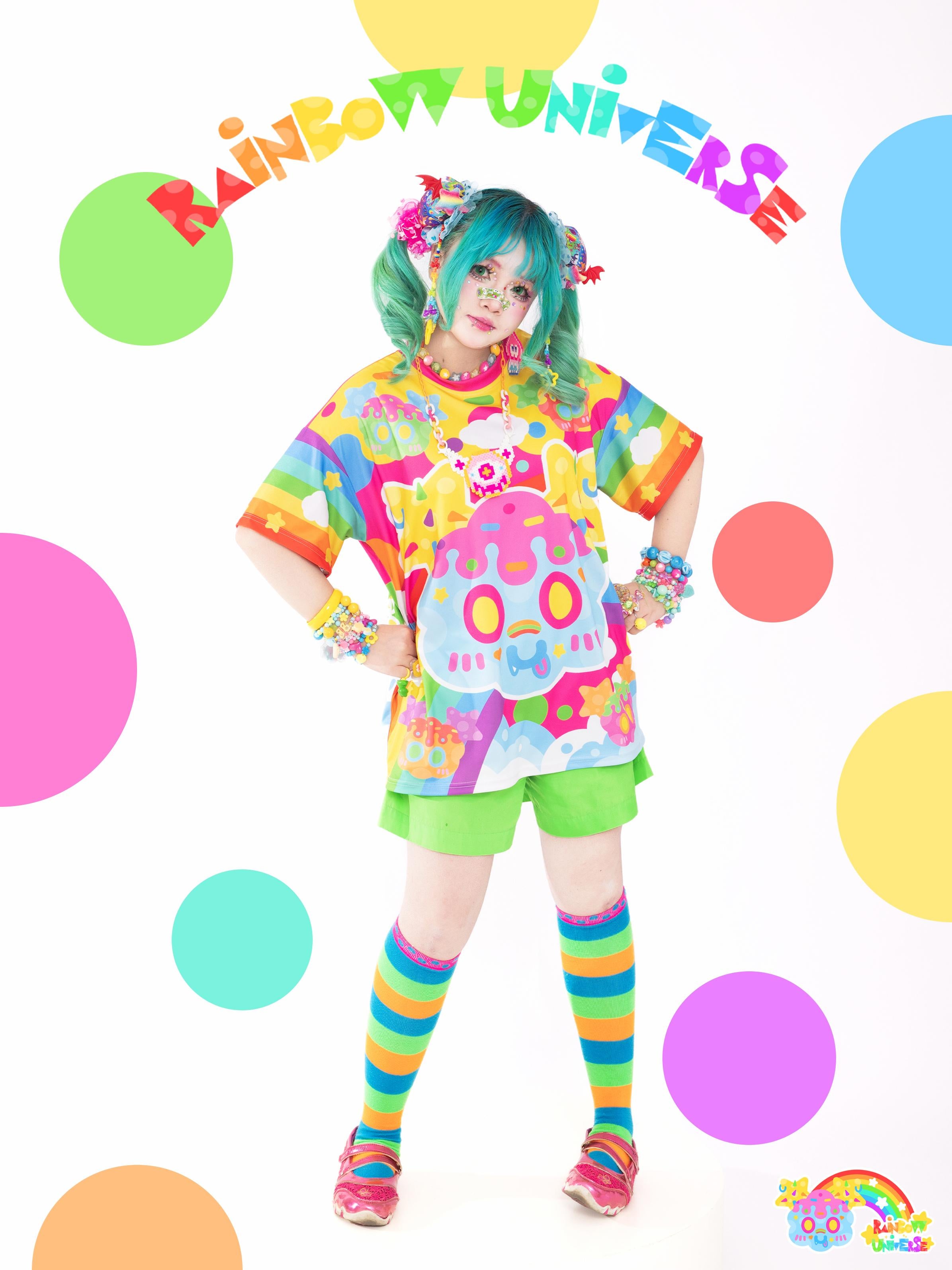 Decora Kei Rainbow Oversize Short Sleeve Tee Polyester Loose Fit - Rainbow Galaxy Rux by Land Decora