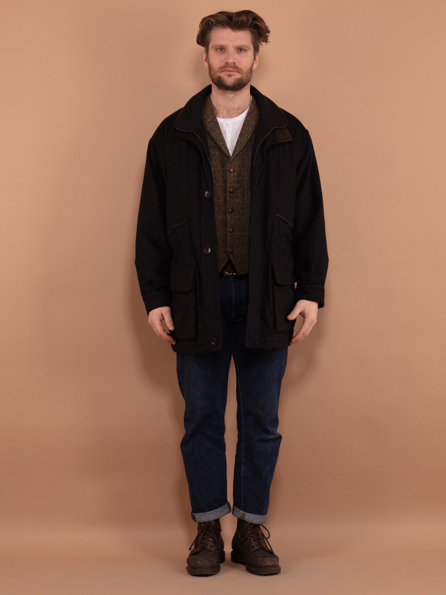 Vintage 90's Men Wool Blend Parka Coat in Gray by Northern Grip