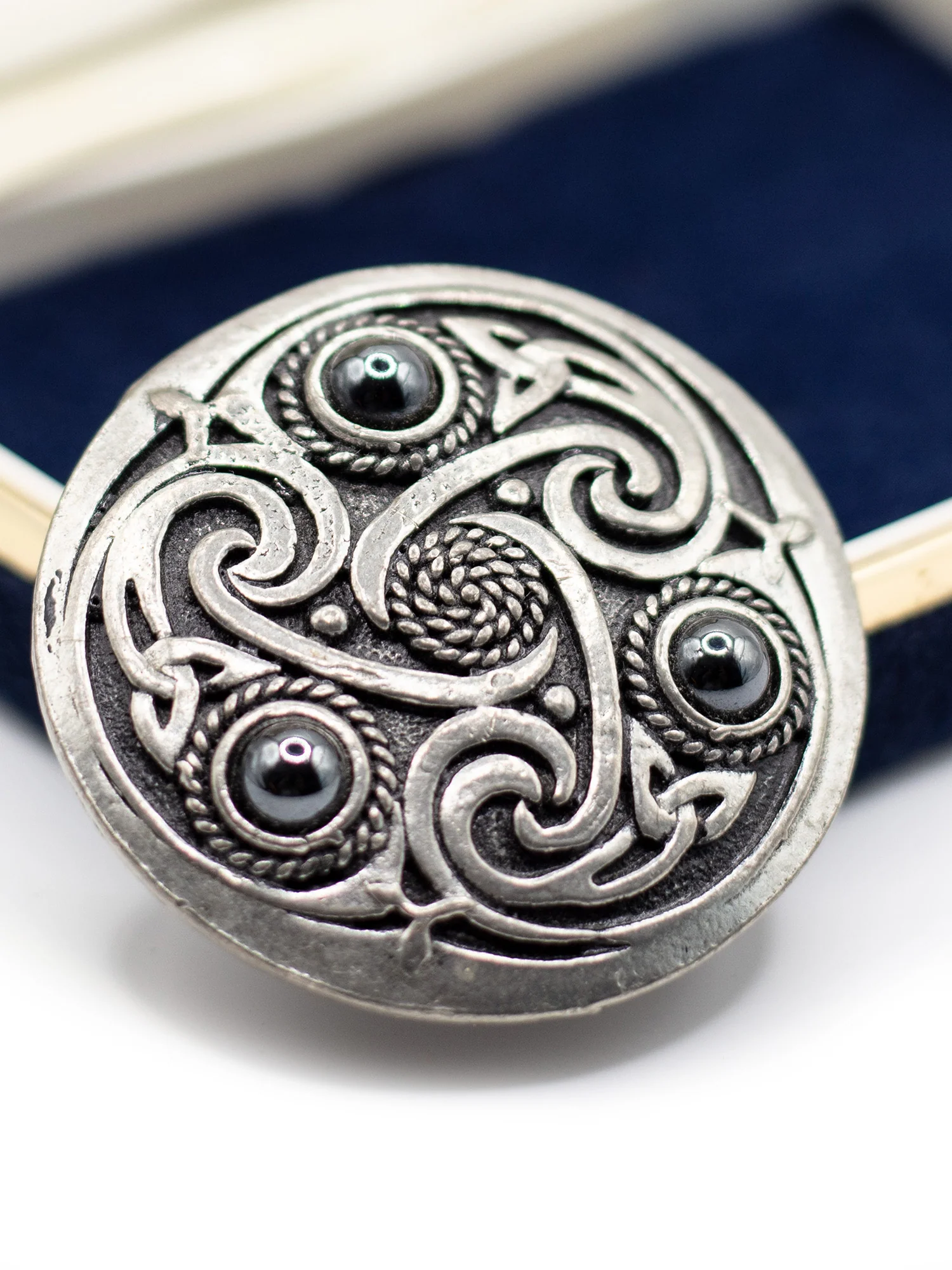 Vintage 80's Celtic Revival Black Cabochon Brooch by Northern Grip
