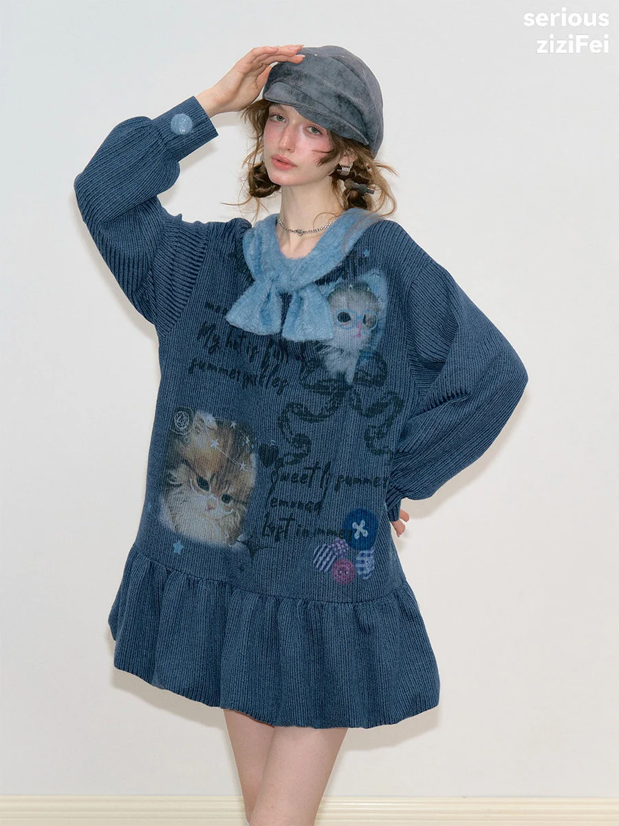 Vintage Cat Bow Collar Knit Dress - ziziFei by Land Decora