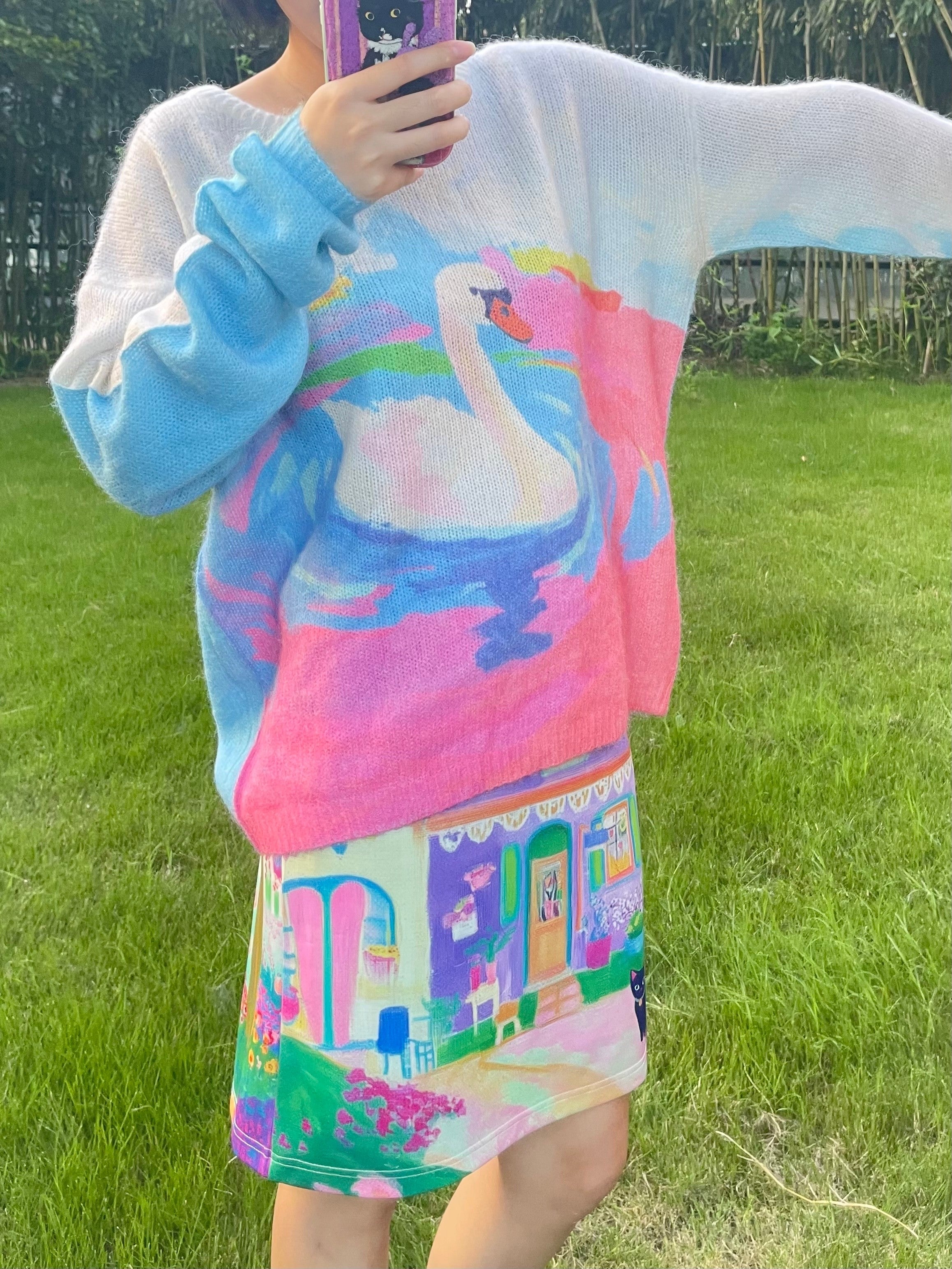 Kawaii Swan Mohair Knit Sweater Wool Blend - MeowMeow Bug by Land Decora