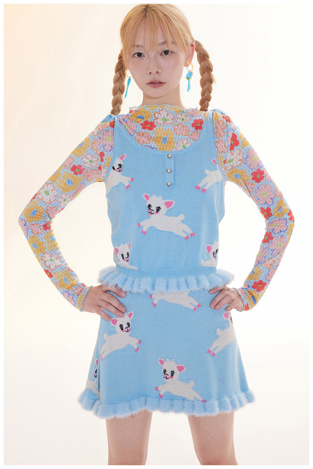 Tntntutu Knitted Set Blue Lamb Illustration Knitted Set Furry Flared S by Land Decora