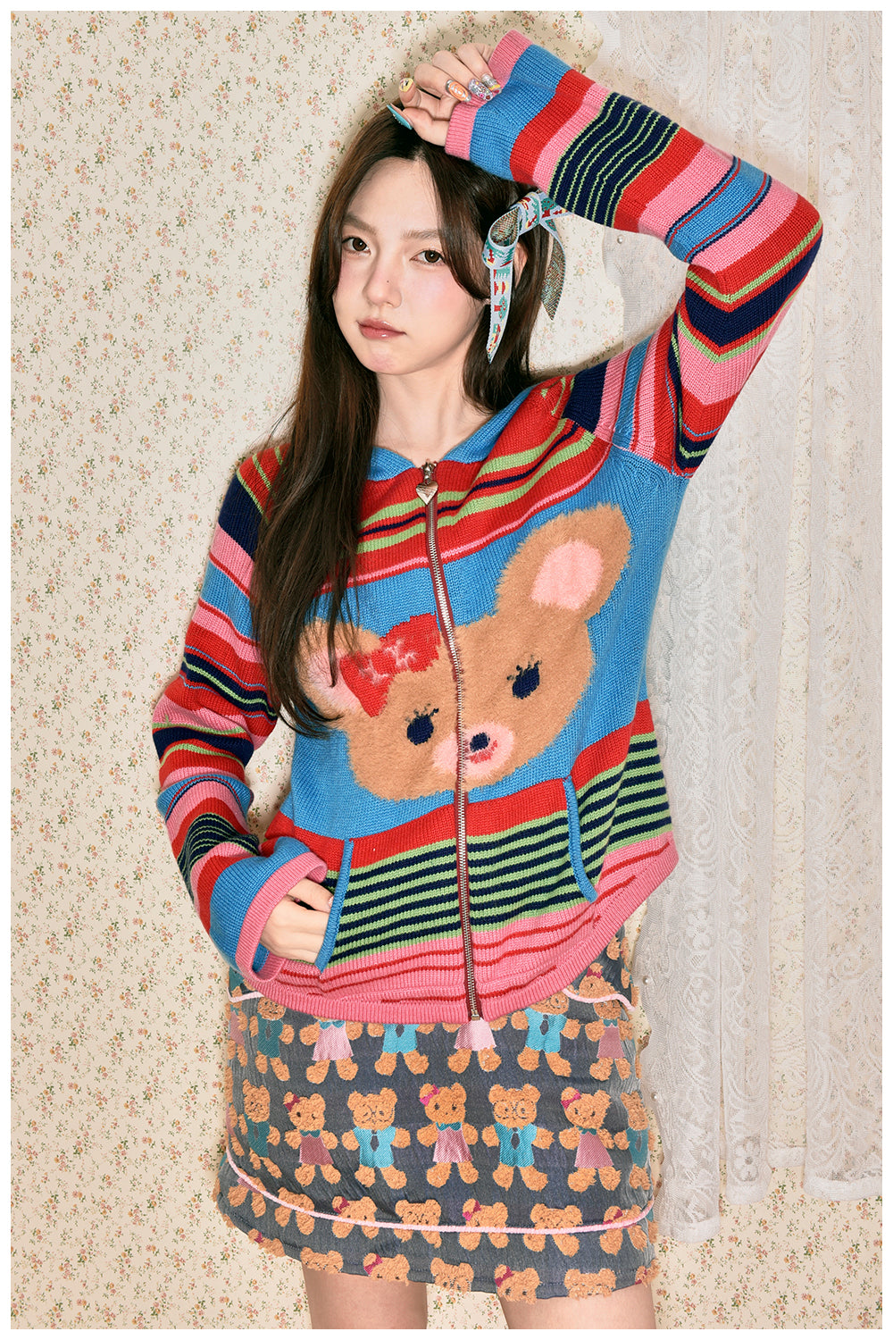 Colorful Bear Knit Hoodie Cardigan Cute Retro - tntntutu by Land Decora