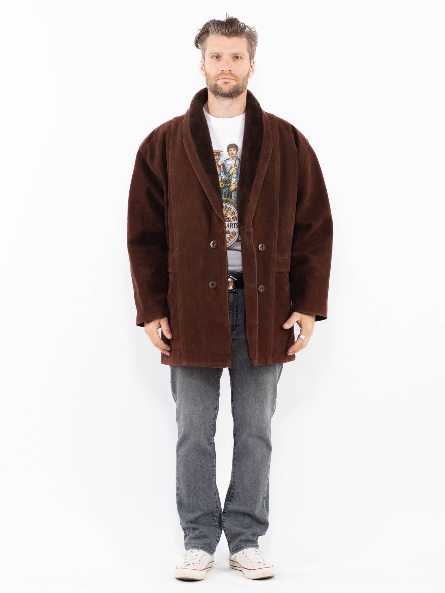 Vintage 90's Men Faux Sheepskin Coat in Brown by Northern Grip