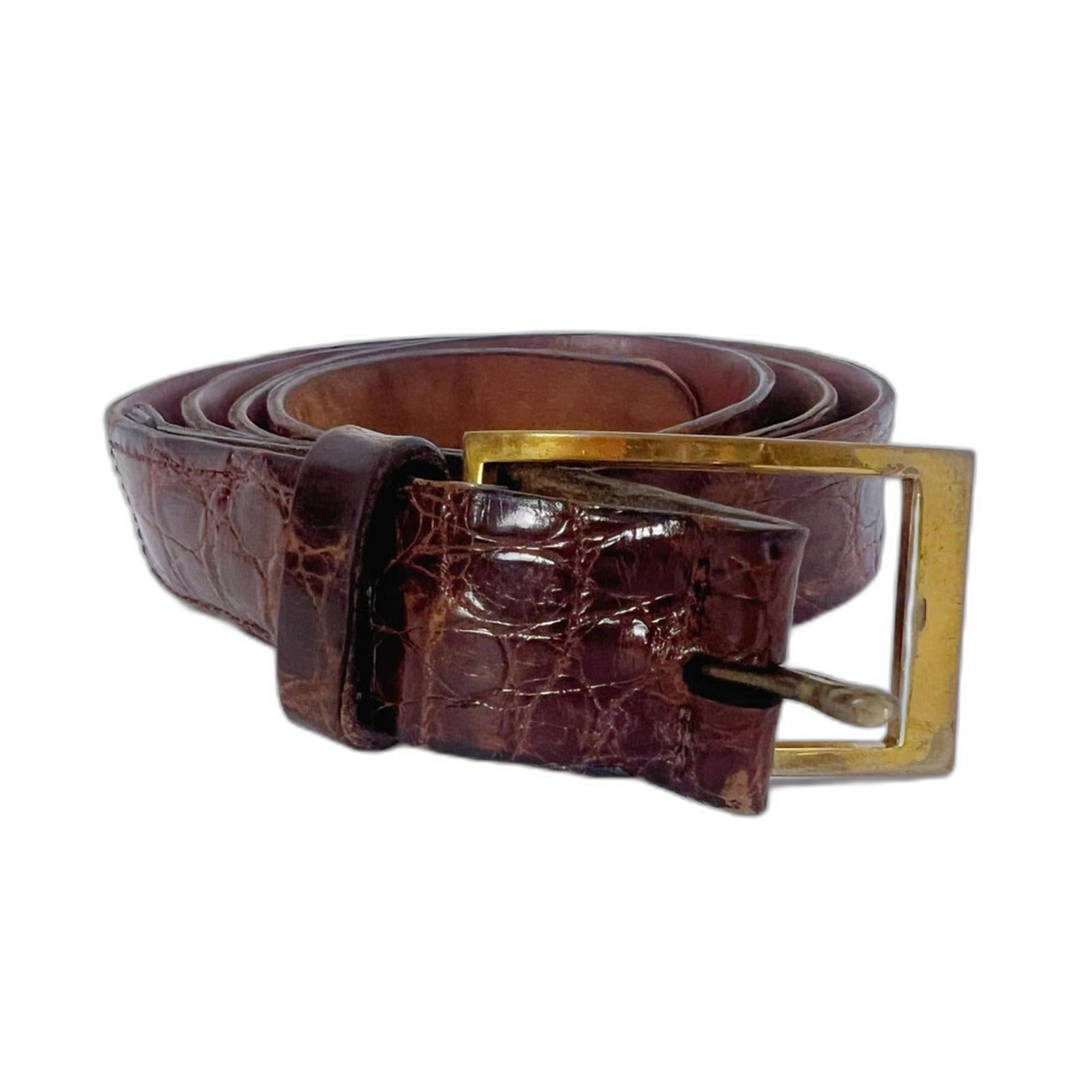 Vintage Mullin's Men's Brown Crocodile Leather Belt Brass Buckle Size by Hot Girl Secondhand