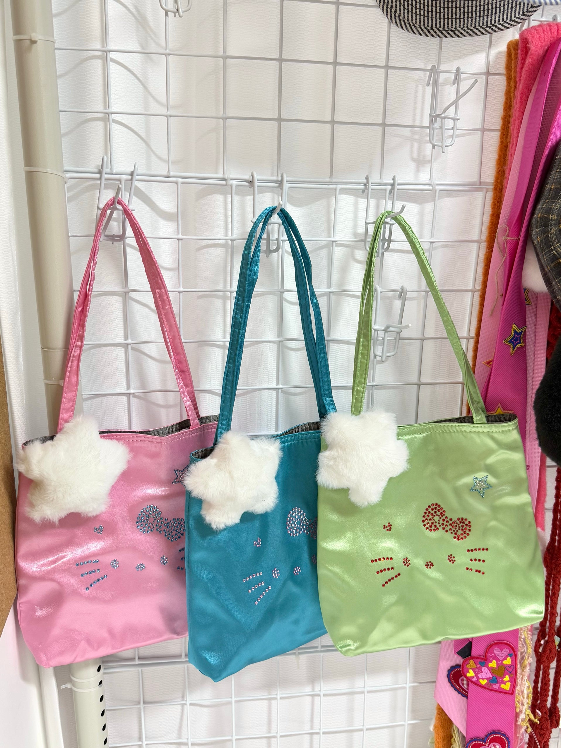 Y2K Kitty Rhinestone Satin Handbag Cute Shoulder Bag - Salty Gummy by Land Decora