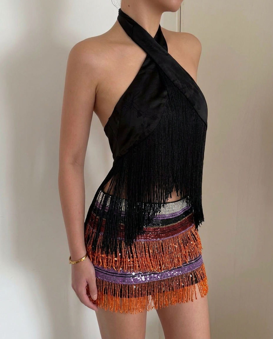 Black Floral Silk Fringe Halter Top | Going Out Top | Fringe Top by After Five