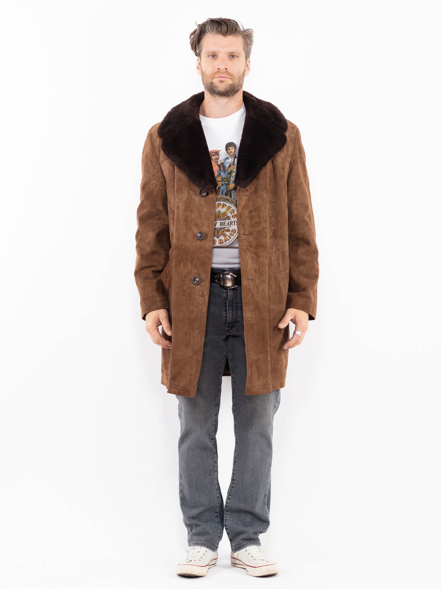 Vintage 70's Men Suede Sherpa Coat in Brown by Northern Grip