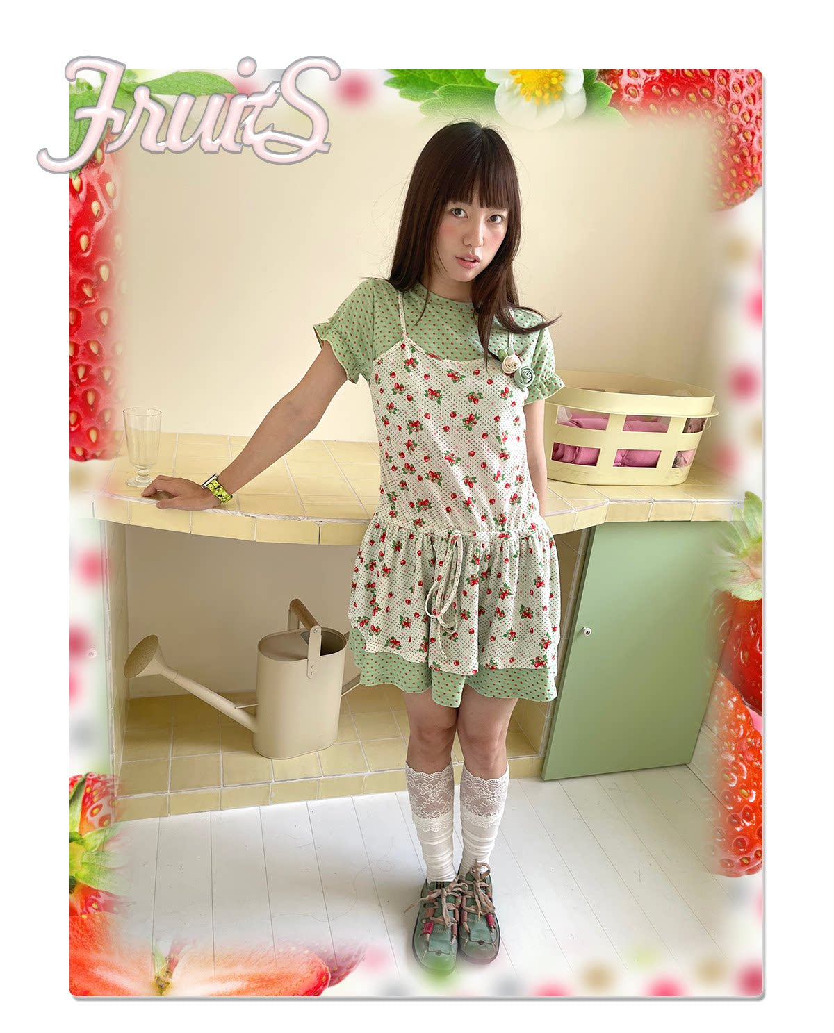 Mint Green Polka Dot Puff Sleeve Dress | Kawaii Japanese Fashion by Land Decora