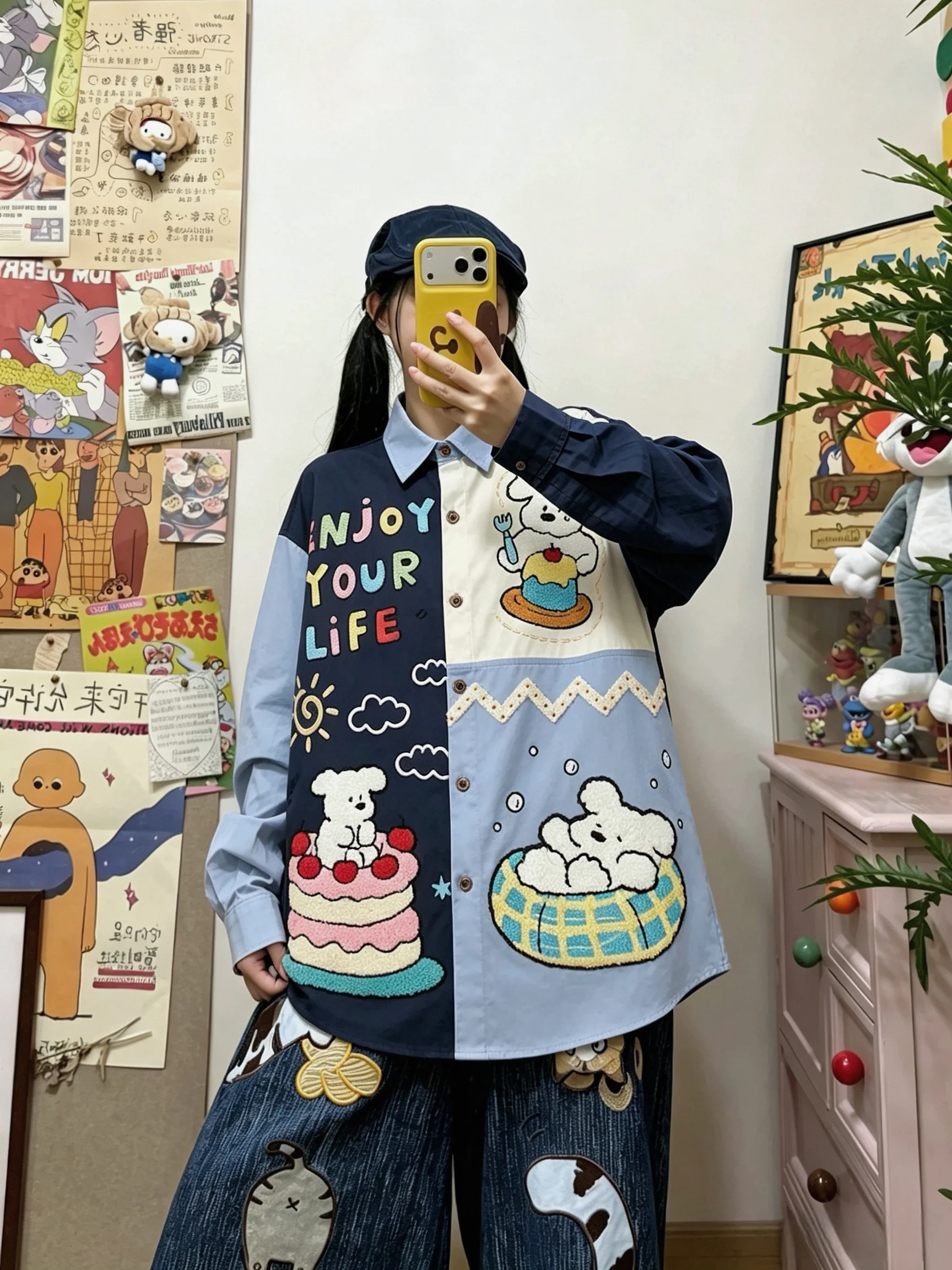 Cartoon Embroidered Color Block Shirt - BIBULU by Land Decora