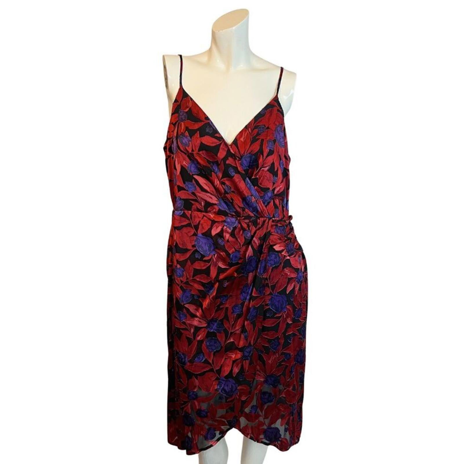 Worthington Red Purple Floral Faux Wrap Midi Dress Women's Size L by Hot Girl Secondhand