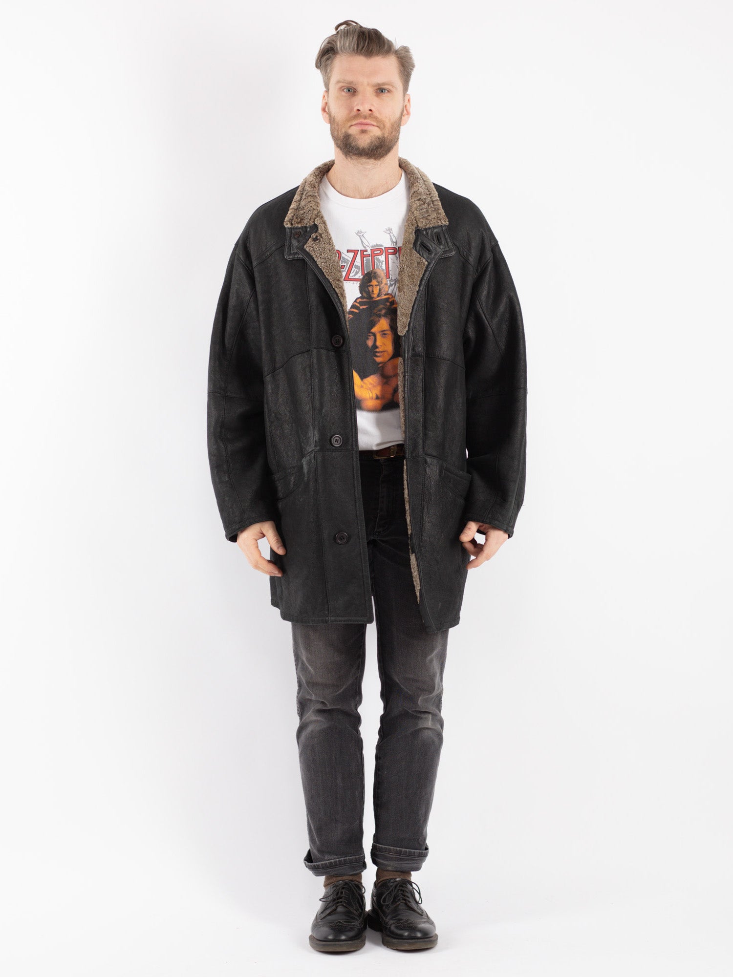 Vintage 90's Men Sheepskin Coat in Black by Northern Grip
