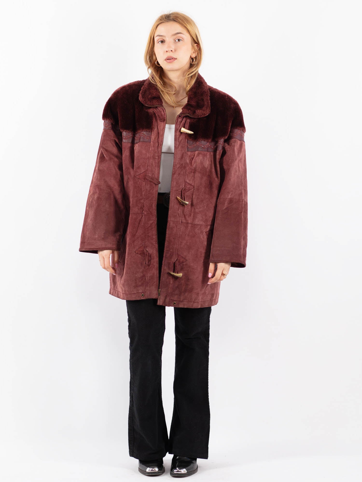 Vintage 80's Women Suede Sherpa Coat in Burgundy Red by Northern Grip