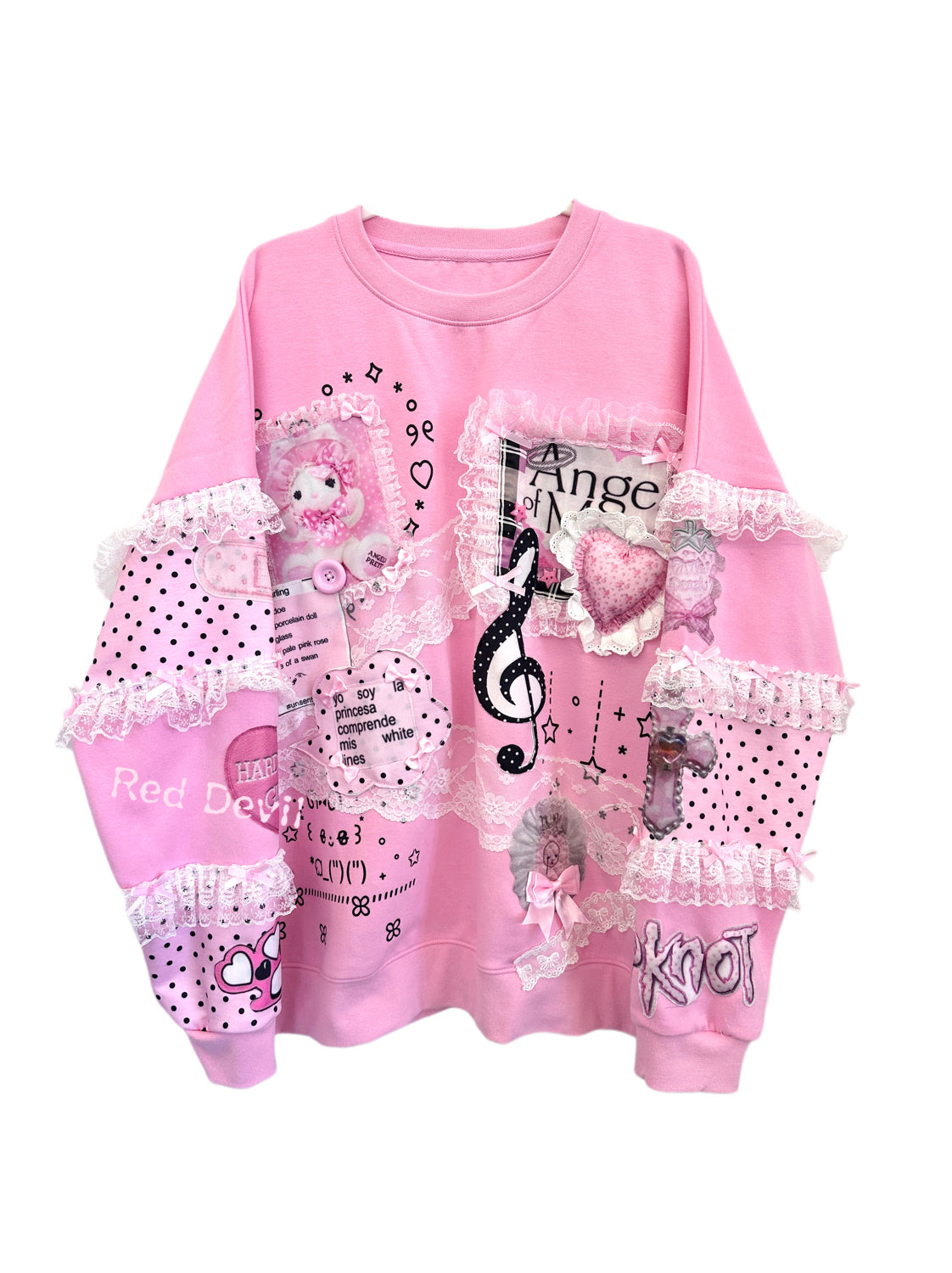 Red Devil Sweatshirt Decora Kei Sweatshirt Pink Lace Patchwork Plush S by Land Decora
