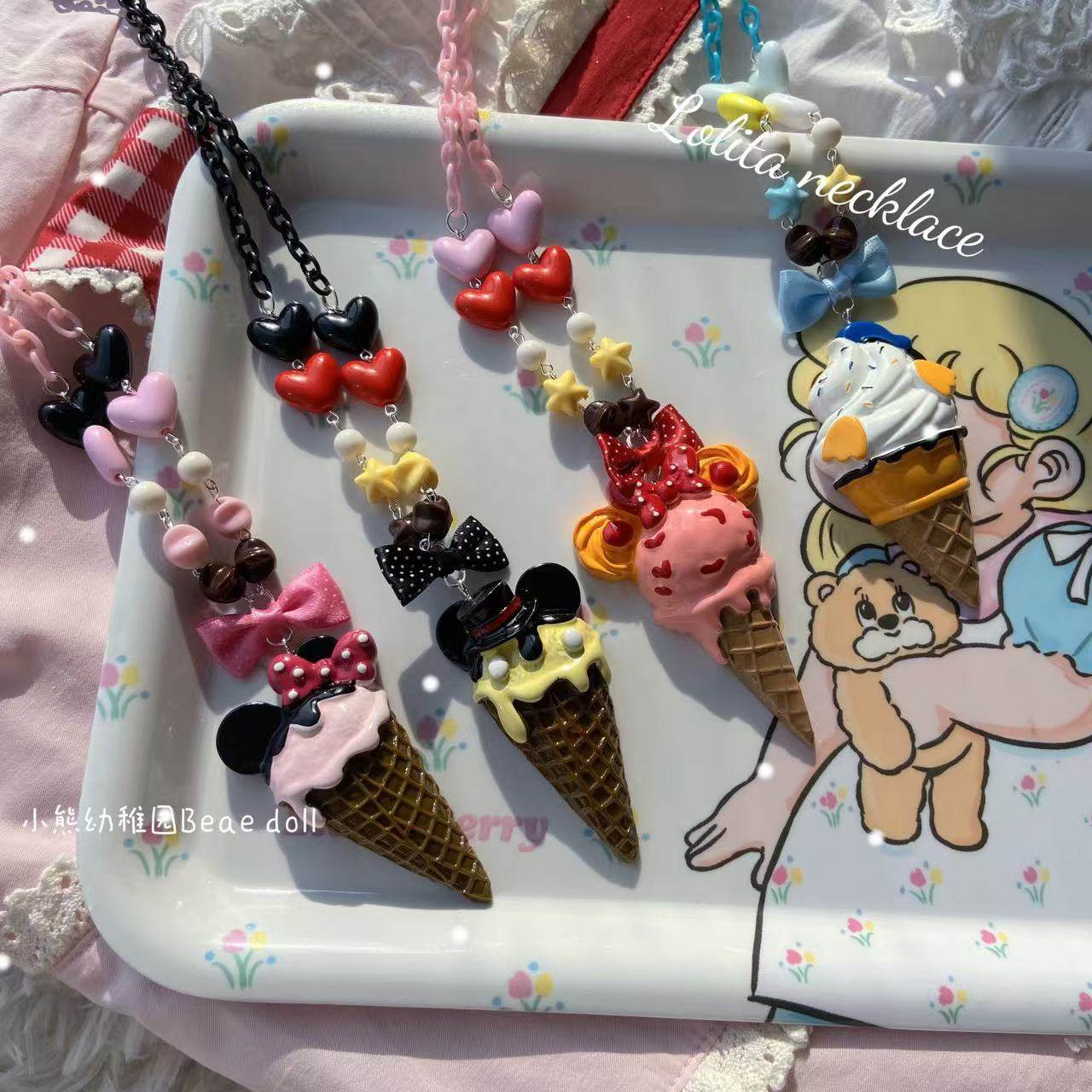 Kawaii Ice Cream Cone Necklace - Bear Doll by Land Decora