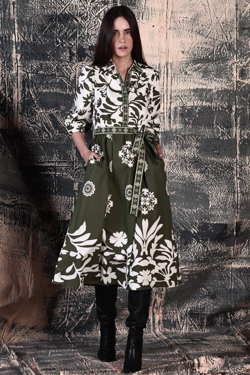 OLIVE FOLIAGE REMI DRESS by Maude Vivante