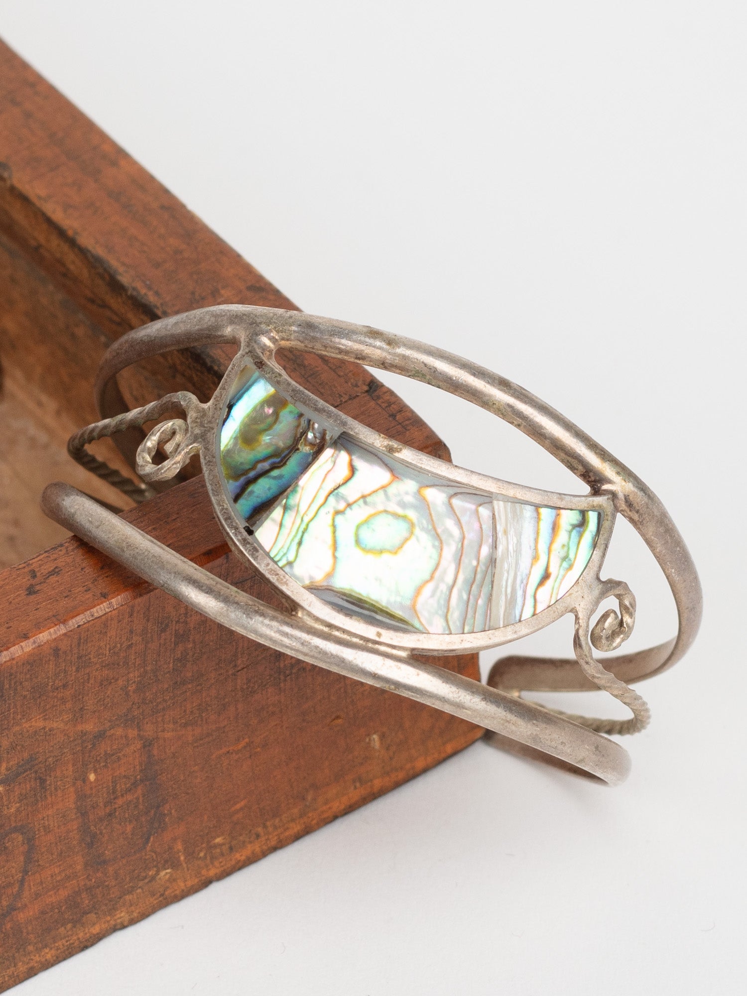 Vintage 70s Abalone Inlay Cuff Bracelet with Silver-Tone Wire Frame by Northern Grip