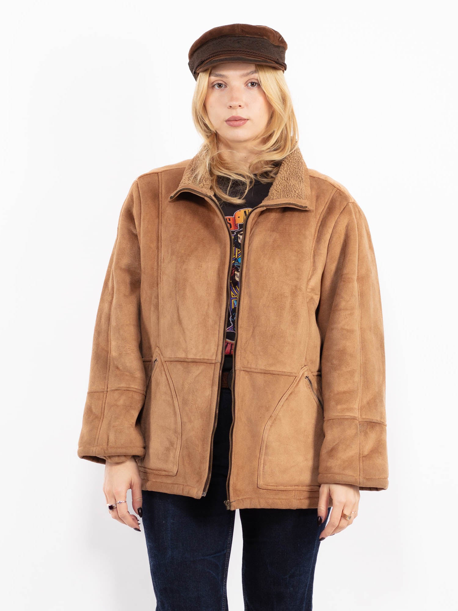 Vintage 90's Women Faux Sheepskin Jacket in Beige by Northern Grip