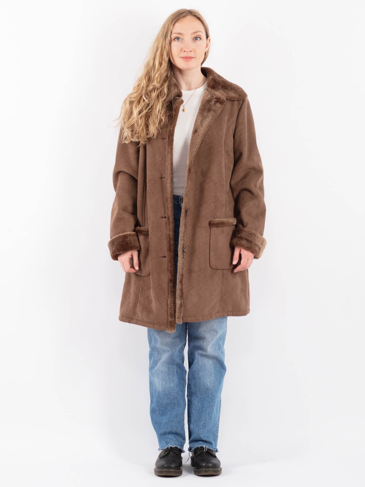 Vintage 90's Women Faux Sheepskin Coat in Brown by Northern Grip