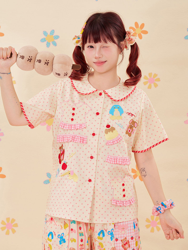 Animal Embroidered Lace Shirt Kawaii Cotton - NIKKOU by Land Decora