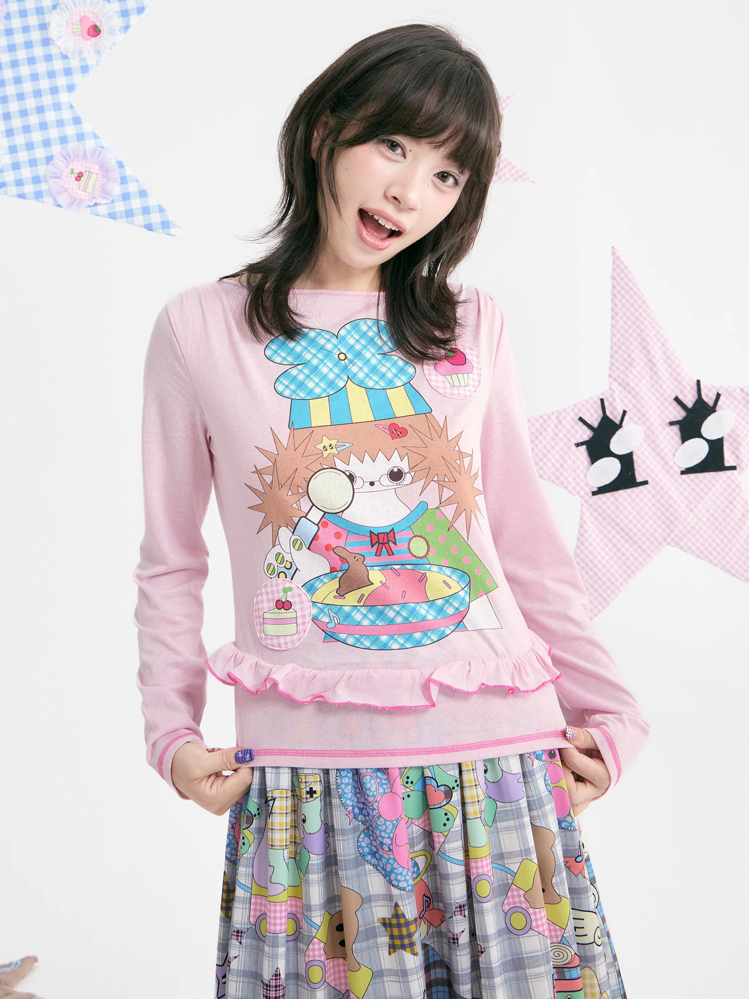 Kawaii Pink Illustration Ruffle Top - tntntutu by Land Decora