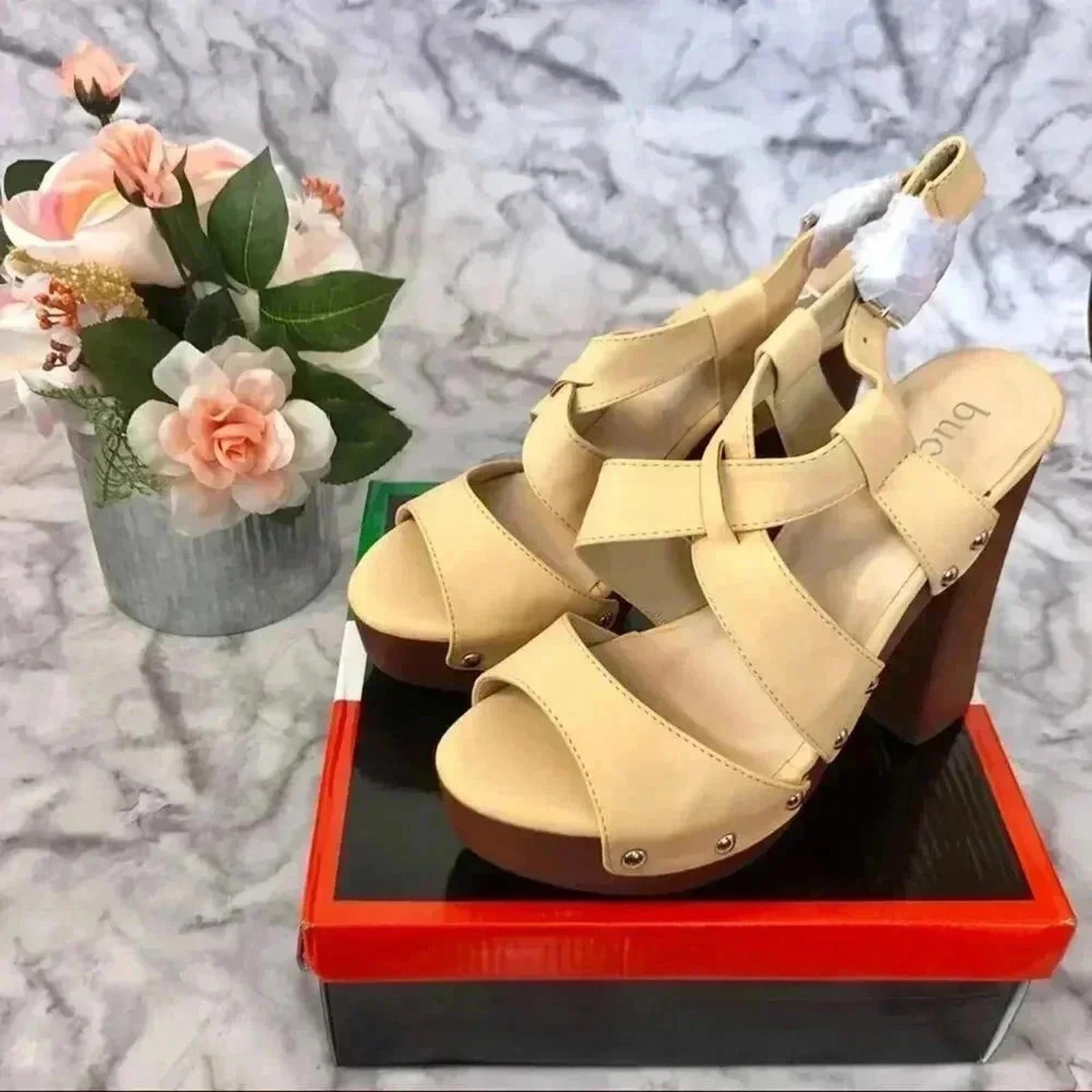 Bucco Platform Heels in Erikine Cream Chunky Heel Sandals Wedges Women by Hot Girl Secondhand