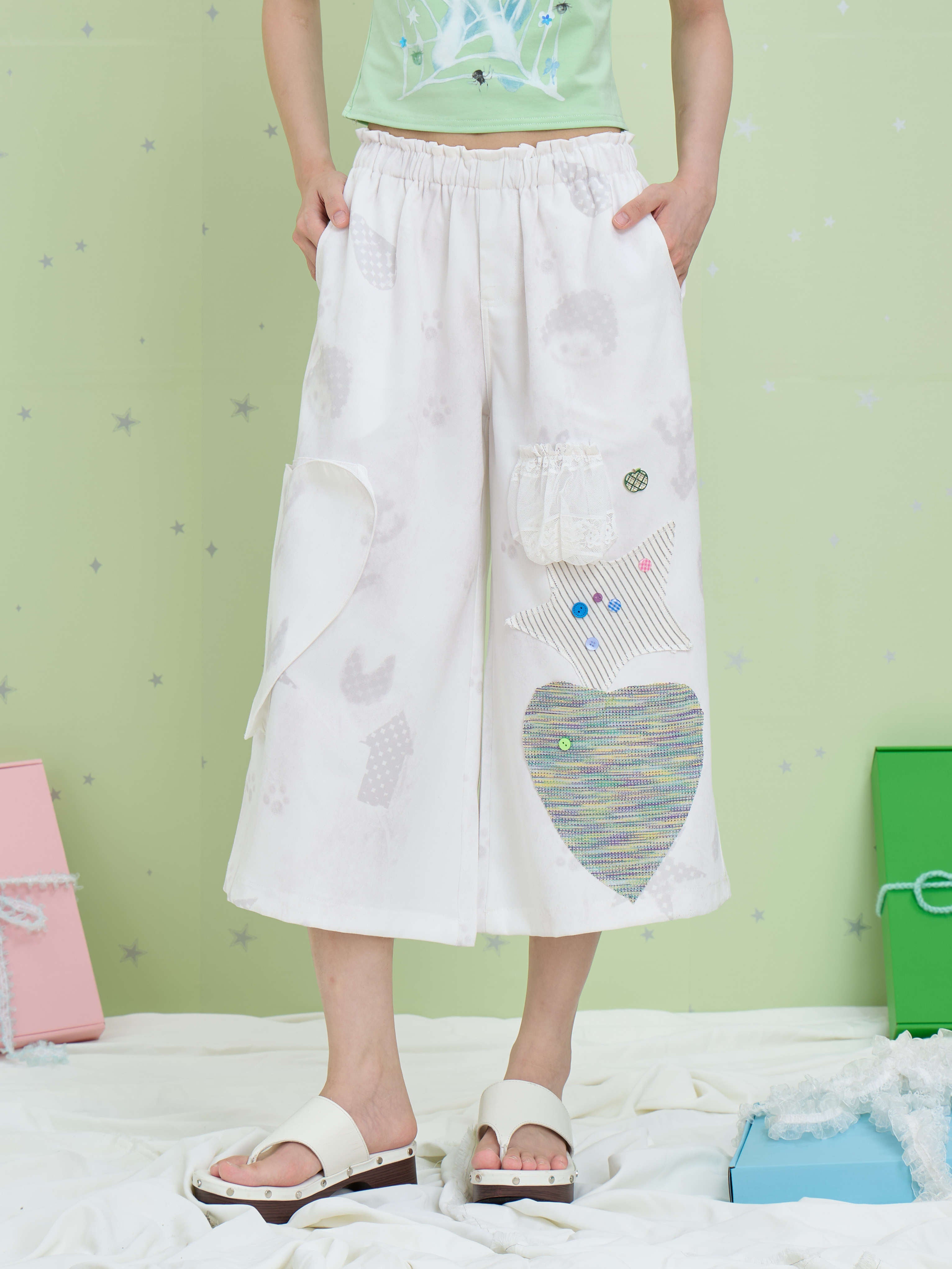 Patchwork Wide Leg Capri Pants - Moon Meadow by Land Decora
