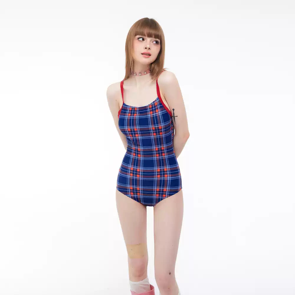 Harajuku Dopamine Swimsuit Checkered Backless One-Piece Swimsuit – Dee by Land Decora