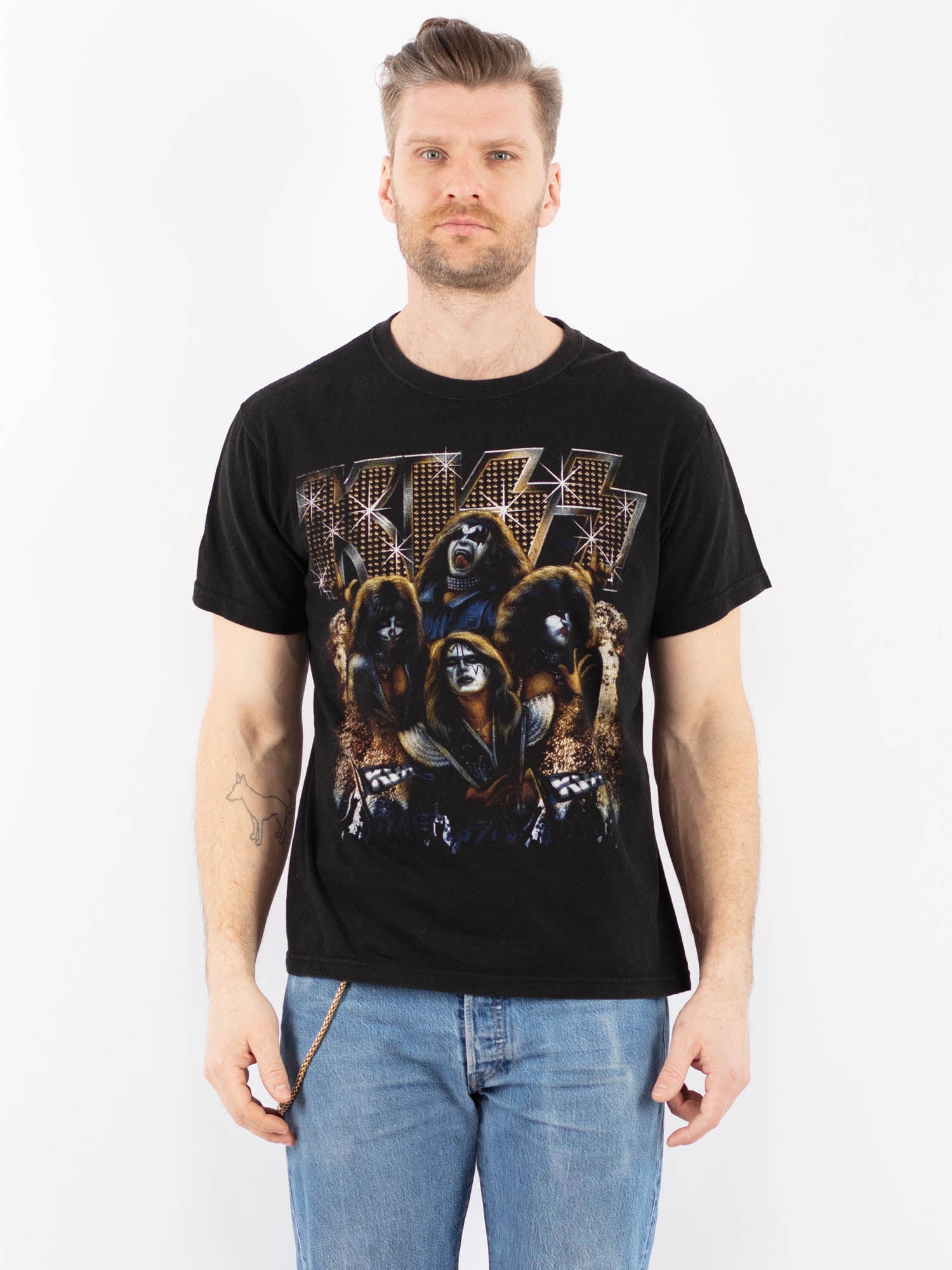 Vintage 00's Men Kiss Print T-Shirt in Black by Northern Grip