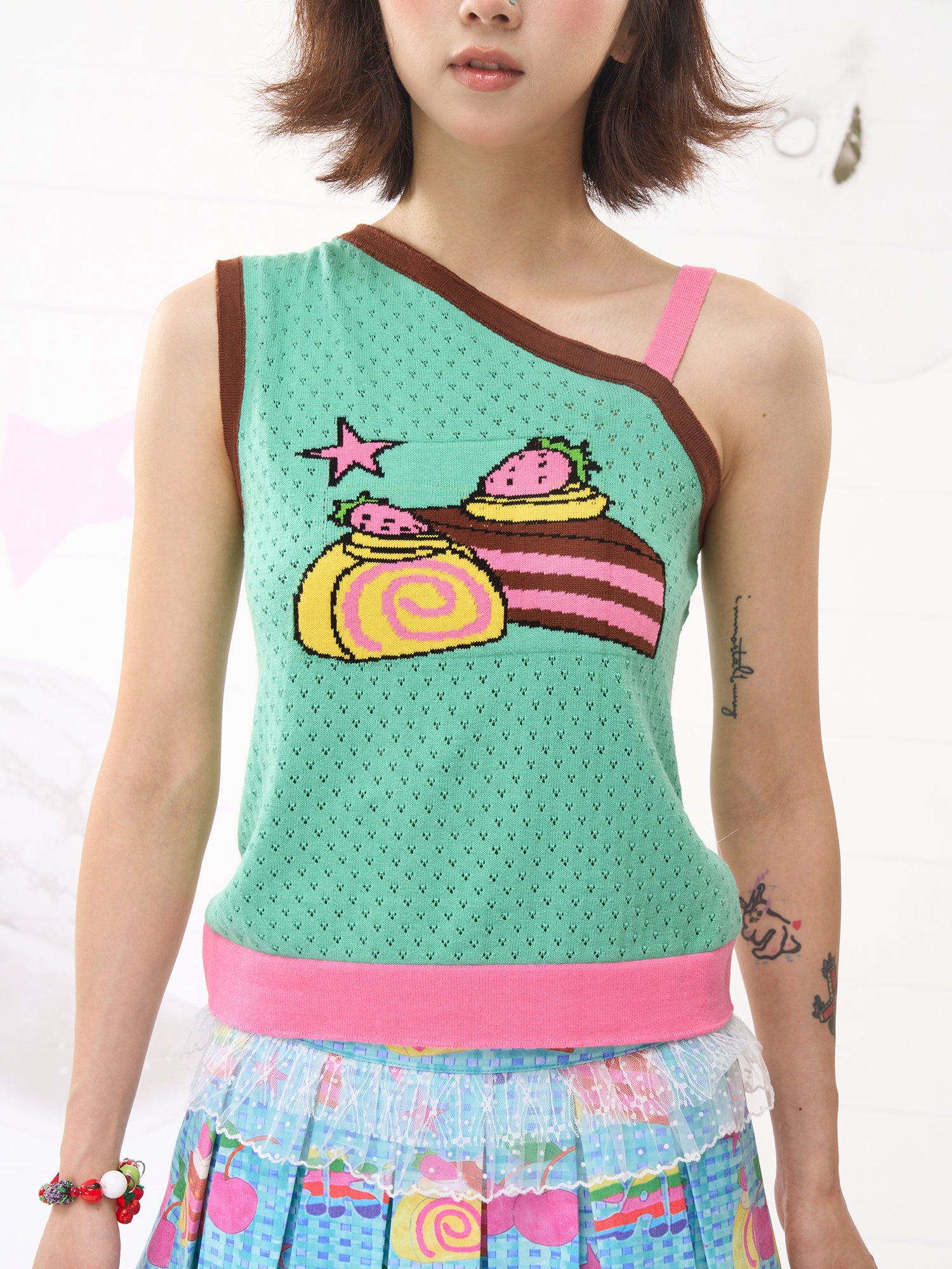 FRUITS Strawberry Cake Knit Tank | Hollowout Kawaii One-Shoulder Top by Land Decora