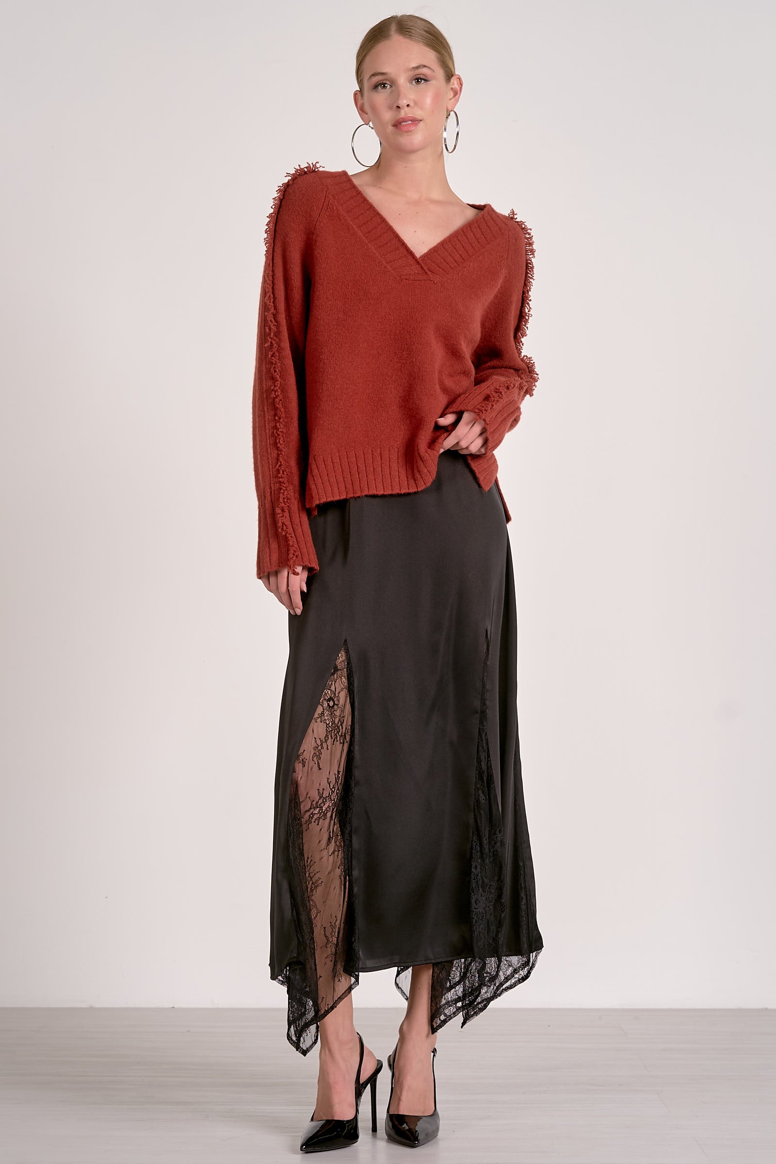 Elan Fray V-Neck Sweater in Rust by Sierra Deene