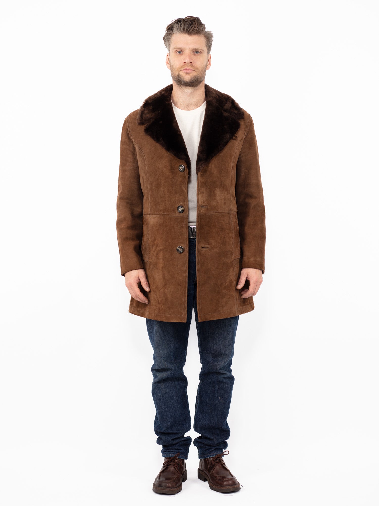 Vintage 70's Men Suede Sherpa Coat in Brown by Northern Grip