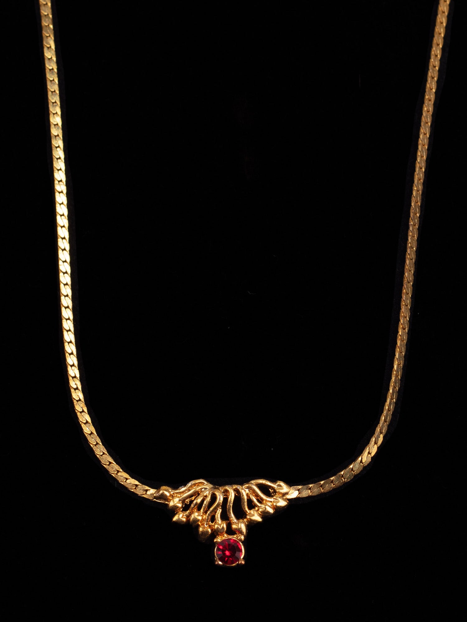 Vintage 80s Gold-Tone Necklace with Red Glass Accent and Ornate Pendant by Northern Grip