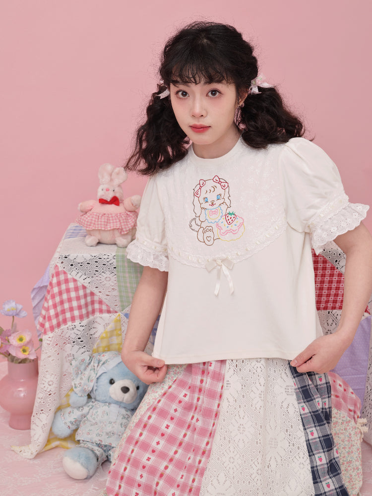 SemenCoicis T-shirt Sweet Girl T-shirt Embroidered Ribbon T-shirt by Land Decora