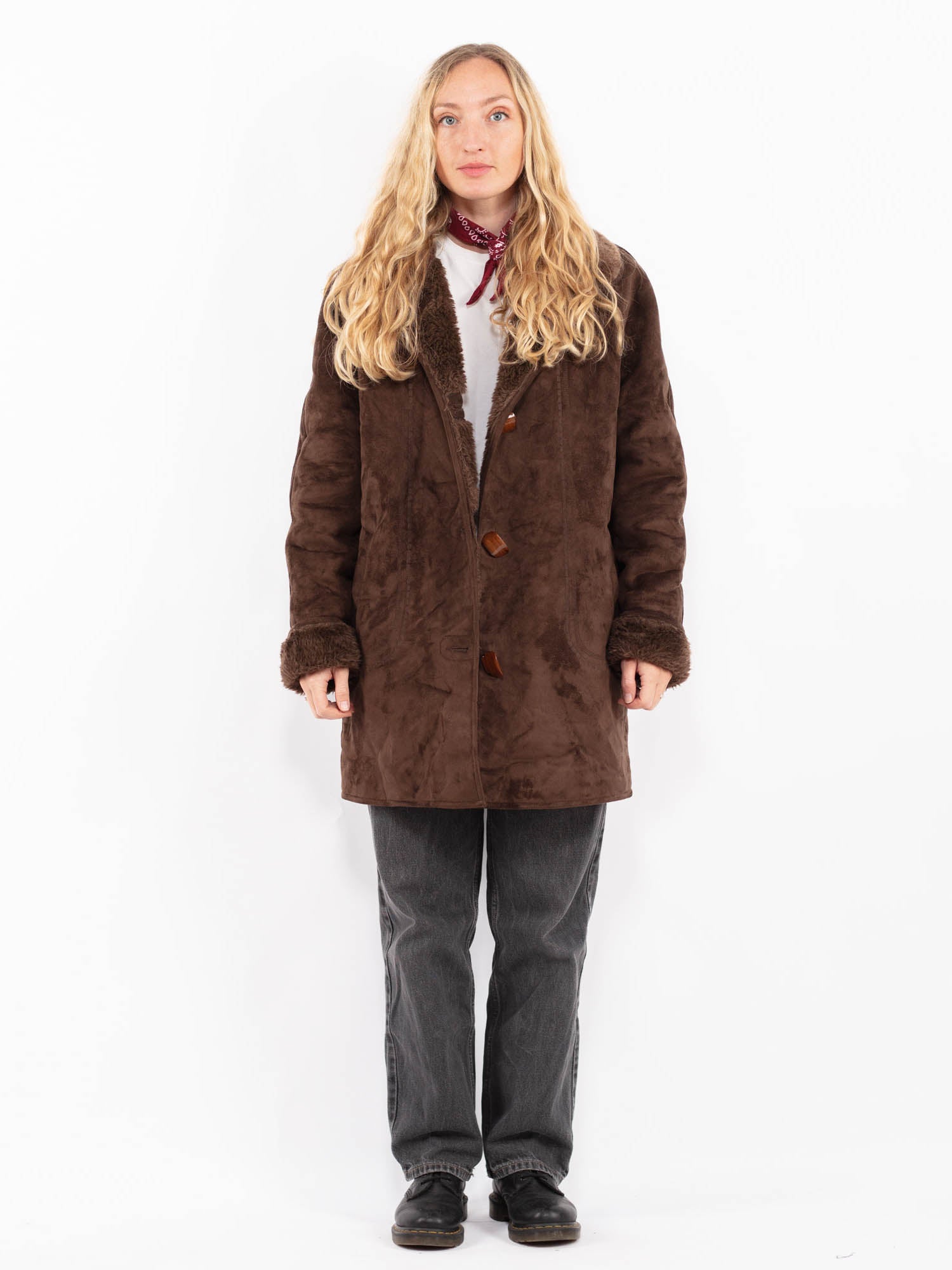 Vintage 90's Women Faux Sheepskin Coat in Brown by Northern Grip
