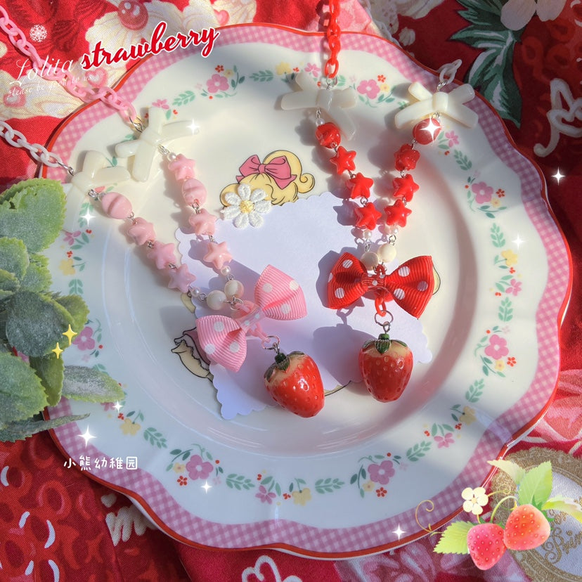 Kawaii Strawberry Bow Necklace Cute Polka Dot Pendant - Bear Doll by Land Decora