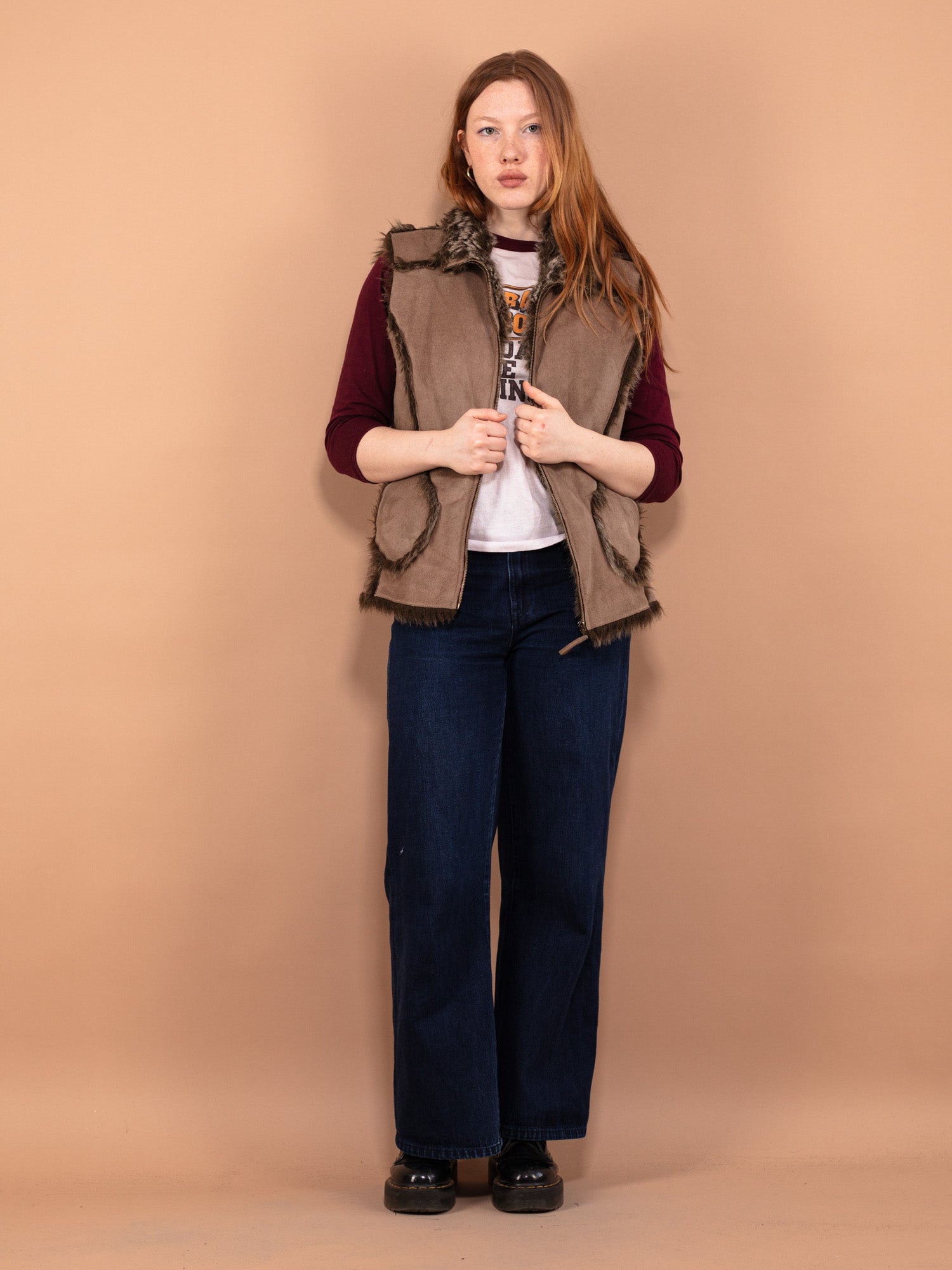 Vintage 00's Women Faux Shearling Afghan Vest in Brown by Northern Grip
