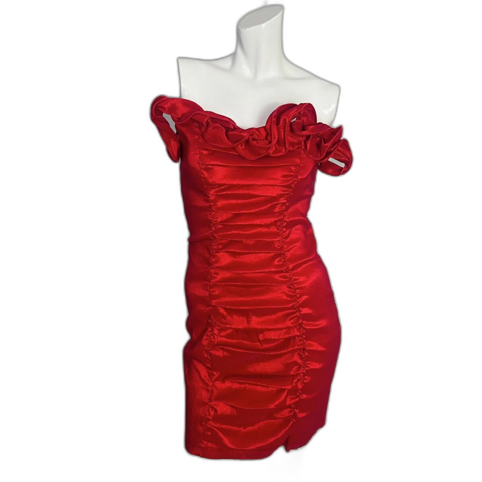 1980s Vintage La Scala Red Strapless Ruched Cocktail Dress Ruffled Top by Hot Girl Secondhand