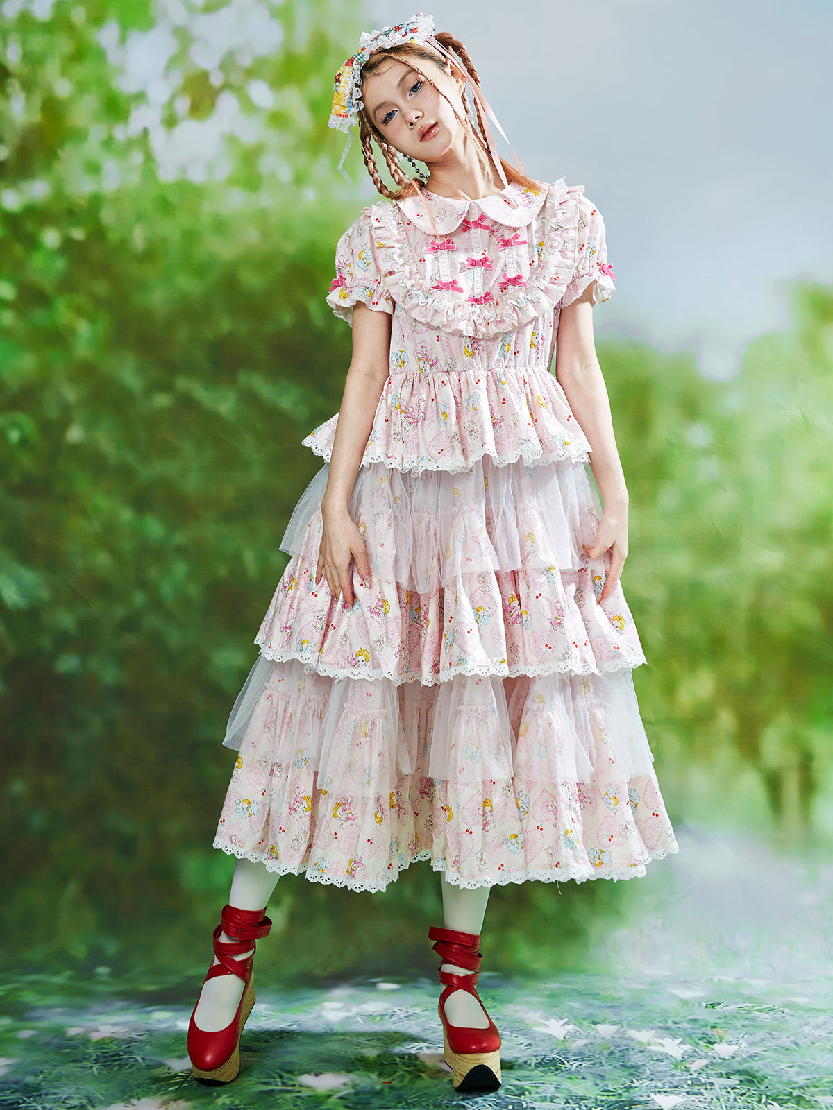 SOS MEME CLUB Showa Retro Pink Dress – Kawaii Vintage Cotton Outfit by Land Decora