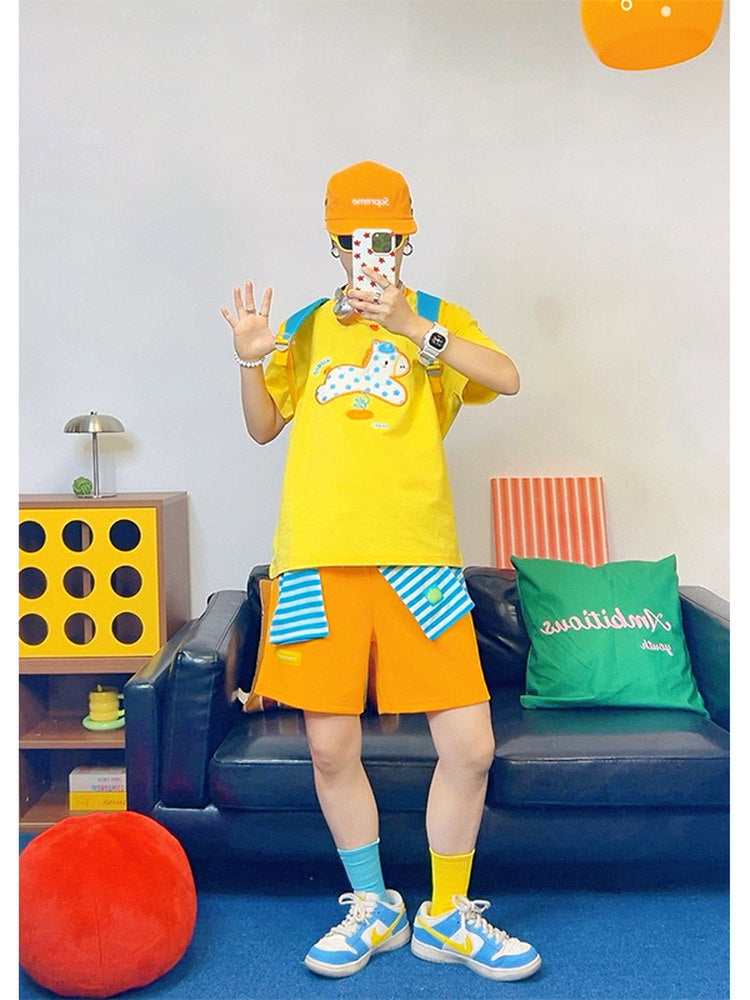 Orange Dopamine Athletic Shorts | Colorful Harajuku Summer Shorts by Land Decora