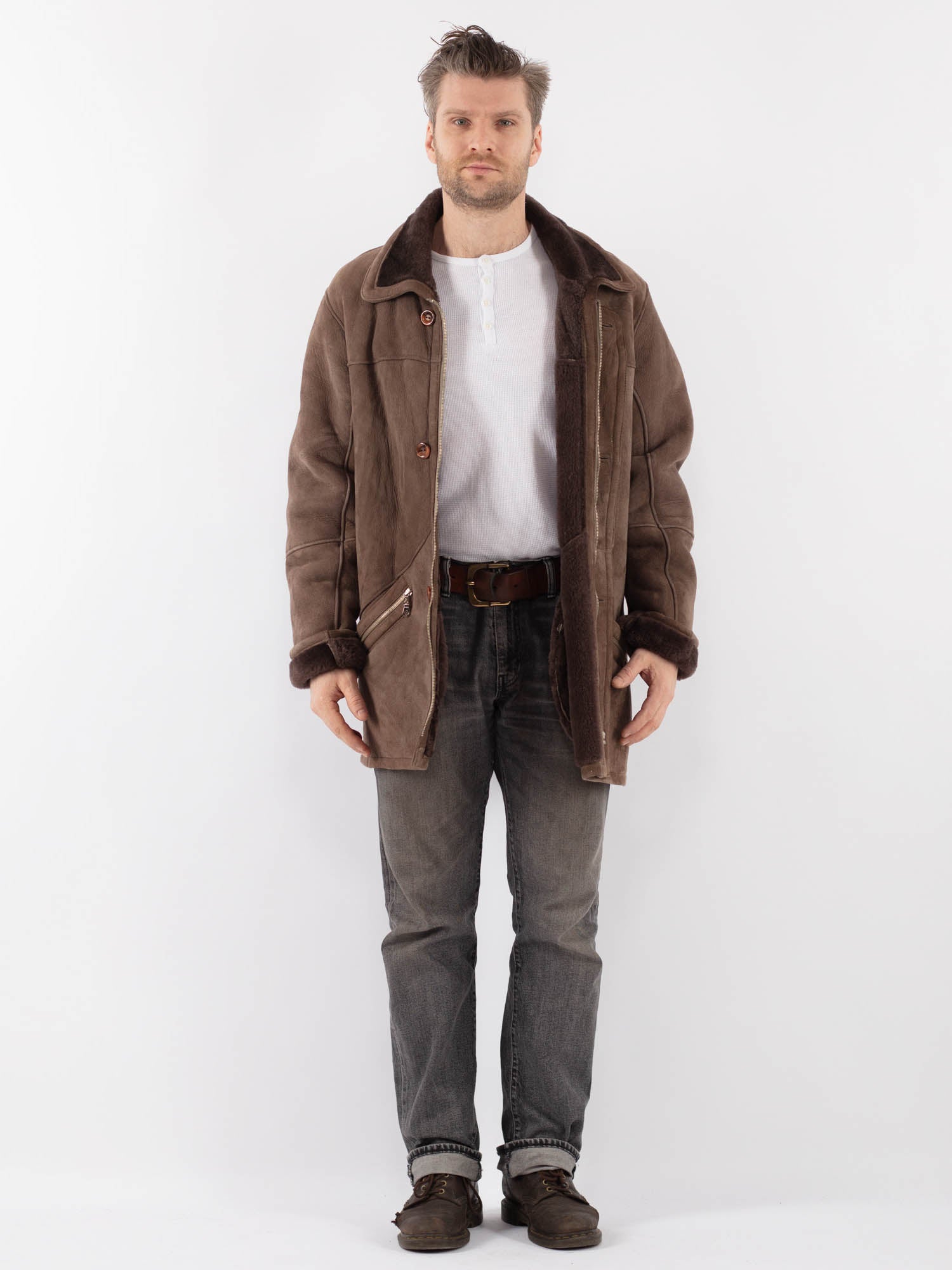 Vintage 90's Men Sheepskin Coat in Brown by Northern Grip