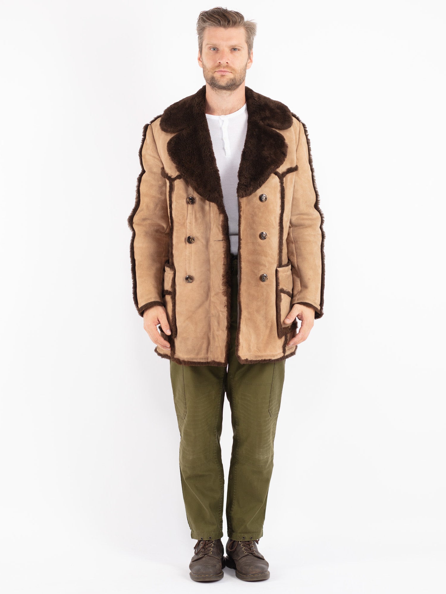 Vintage 70's Men Sheepskin Shearling Coat in Beige by Northern Grip