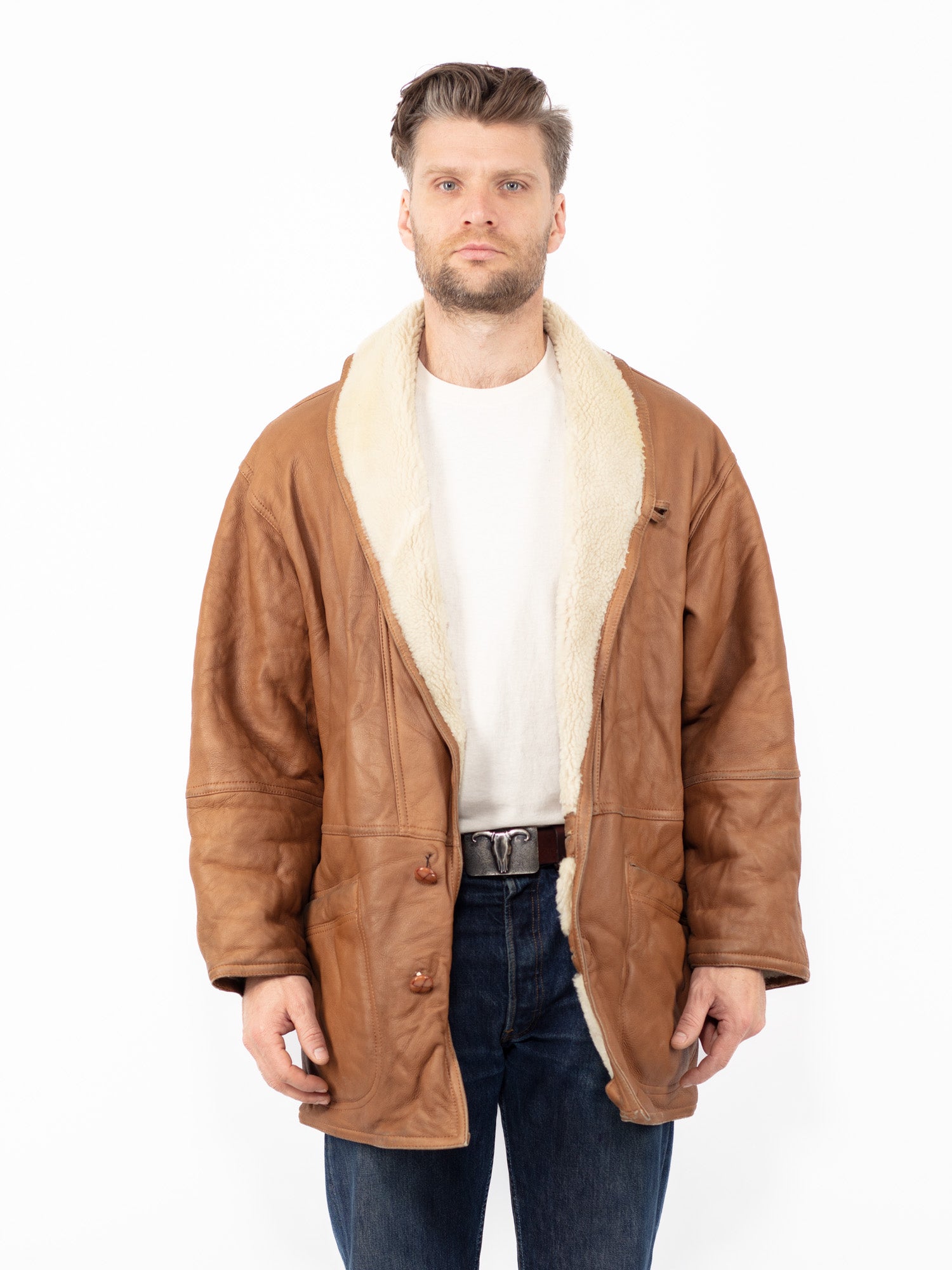 Vintage 80's Men Sheepskin Coat in Brown by Northern Grip