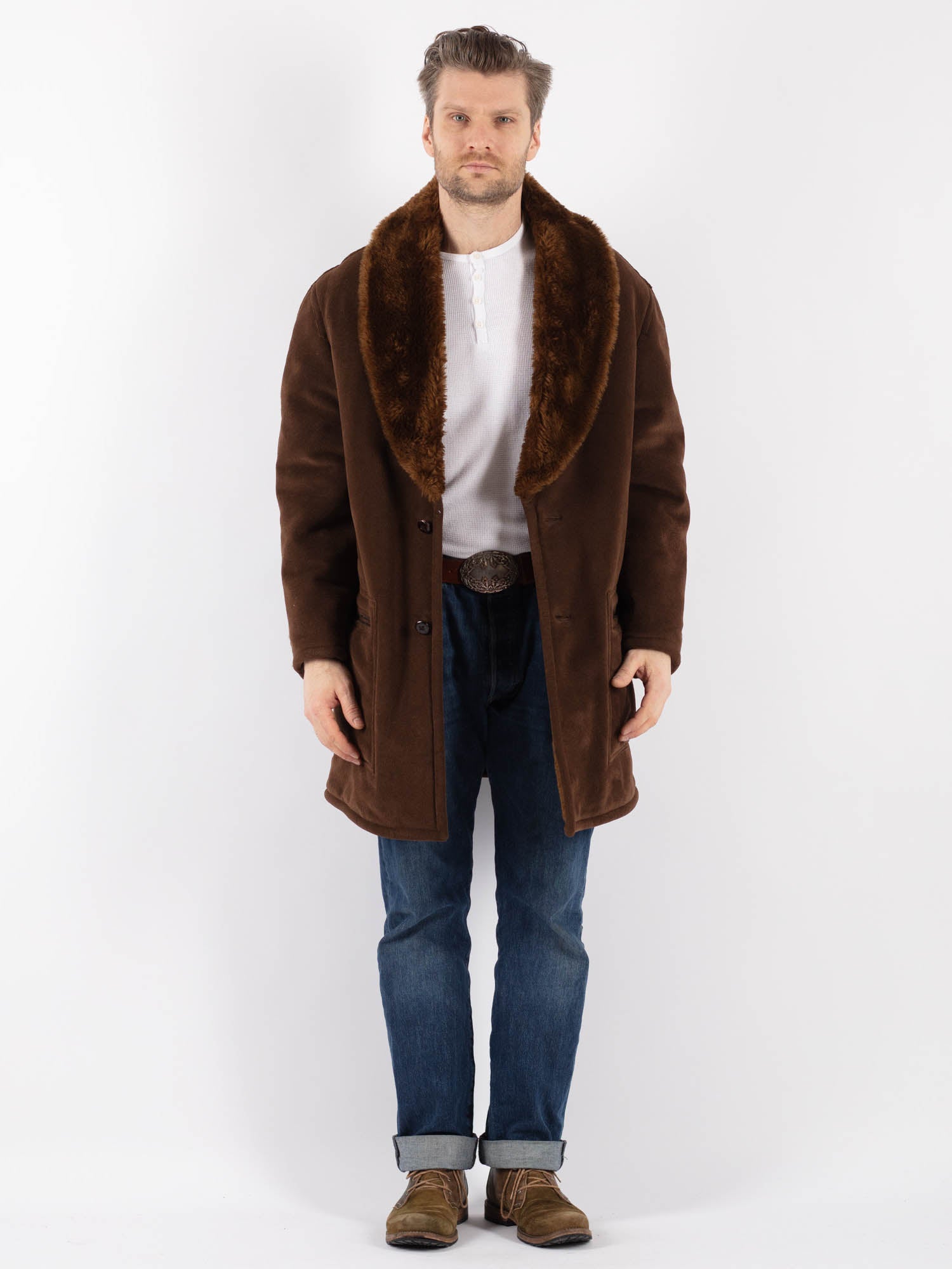 Vintage 70's Men Faux Sheepskin Coat in Brown by Northern Grip