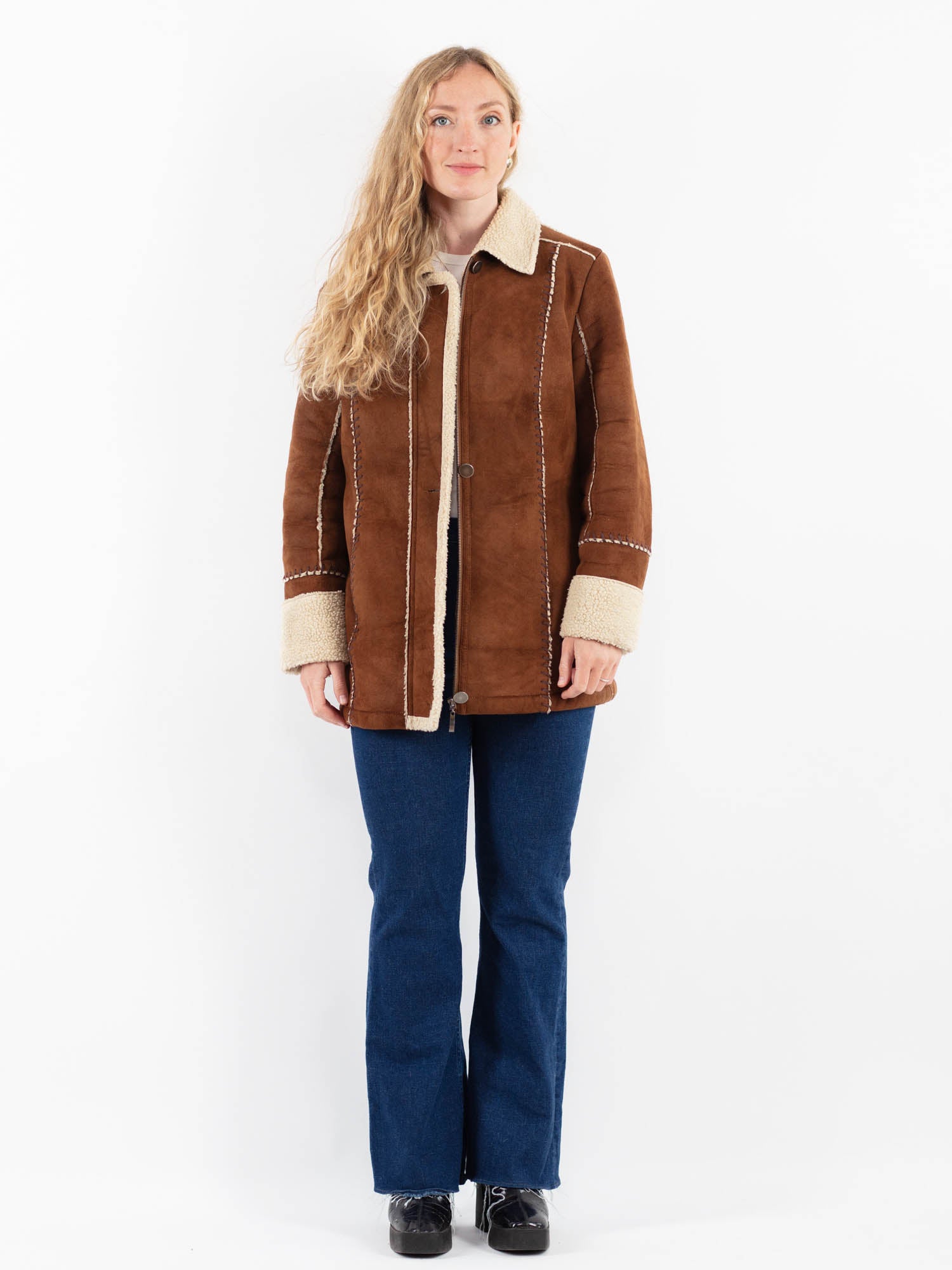 Vintage 00's Women Faux Sheepskin Coat in Brown by Northern Grip