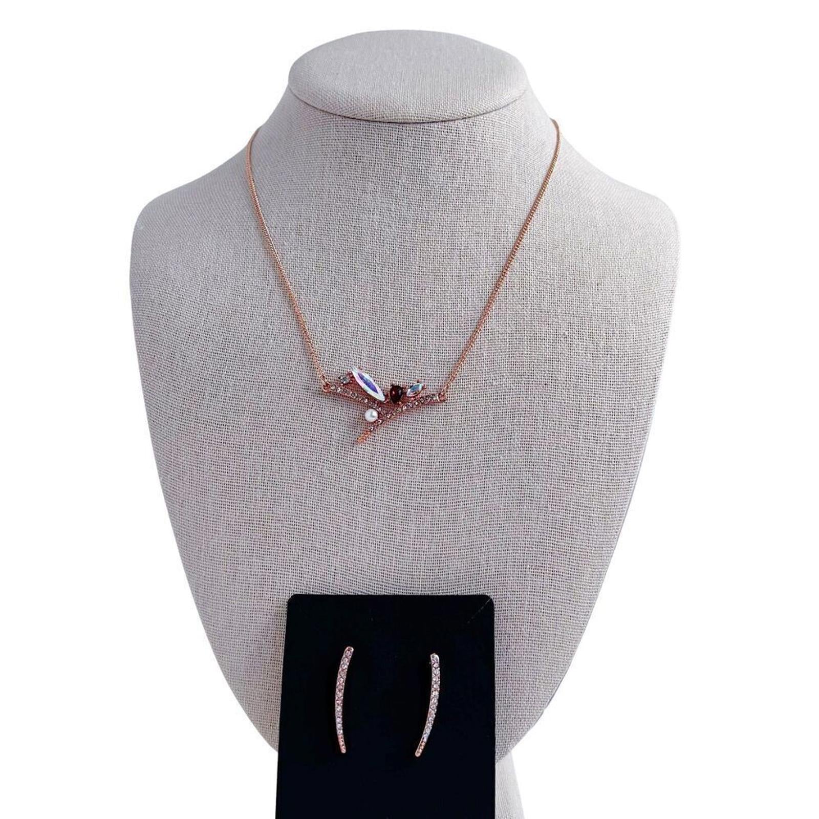 Rose Gold Jewelry Set Necklace and Earrings Rhinestone Floral Pendant by Hot Girl Secondhand
